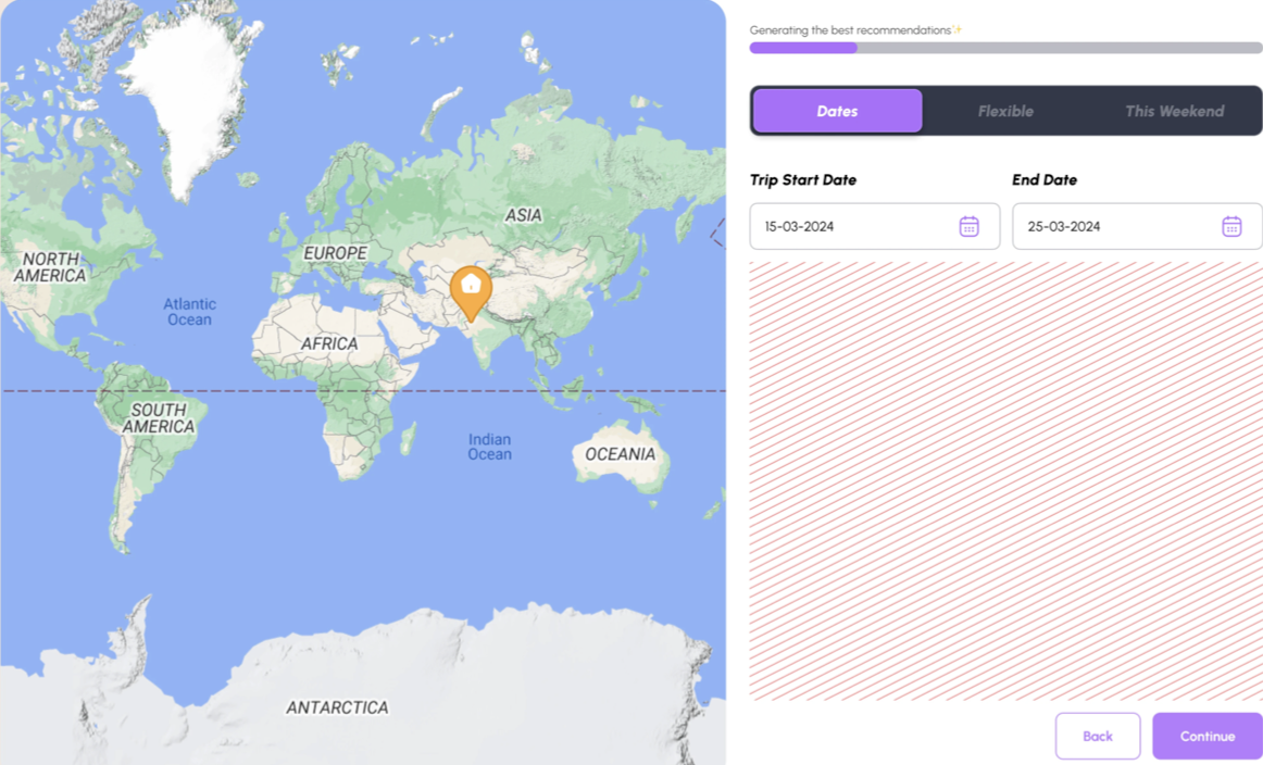 Historical Destination Discovery wireframe, iteration 1: a world map beside a dates form, with unused hatched space where a calendar would sit.