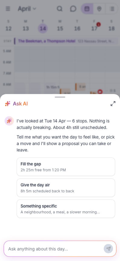 Trip advisor open on the planner, reading the day and offering specific actions such as filling a gap.