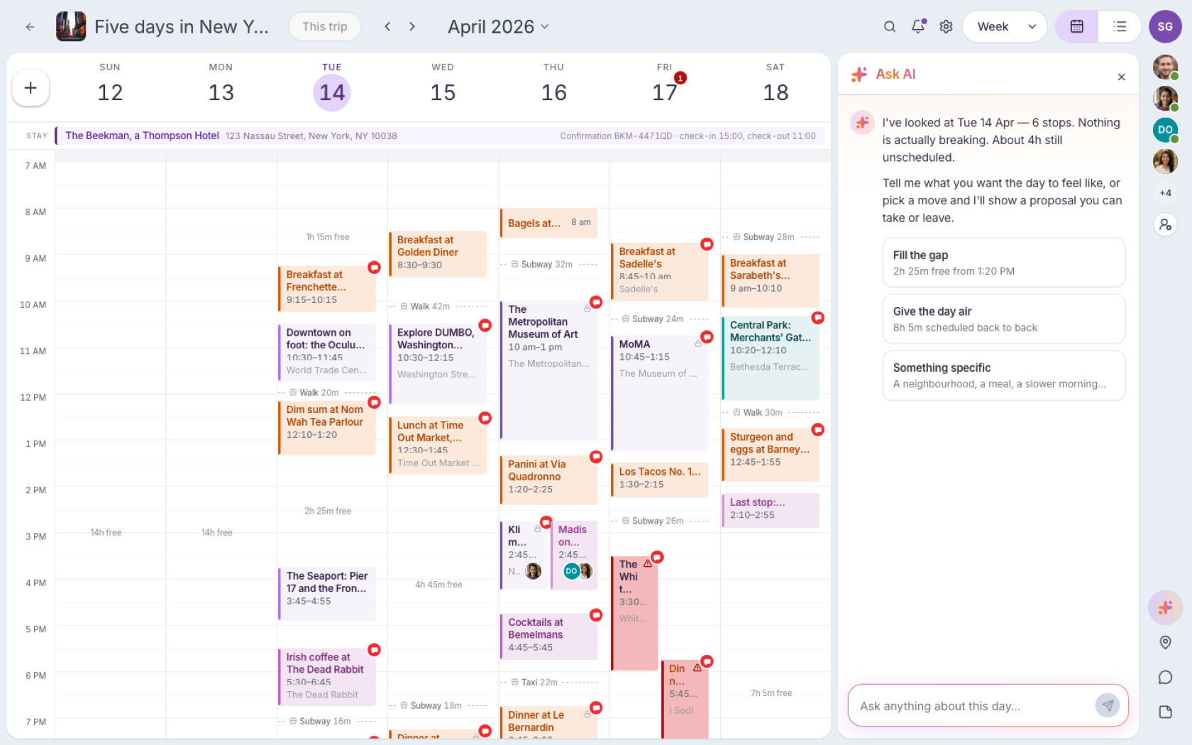 Trip advisor open on the planner, reading the day and offering specific actions such as filling a gap.