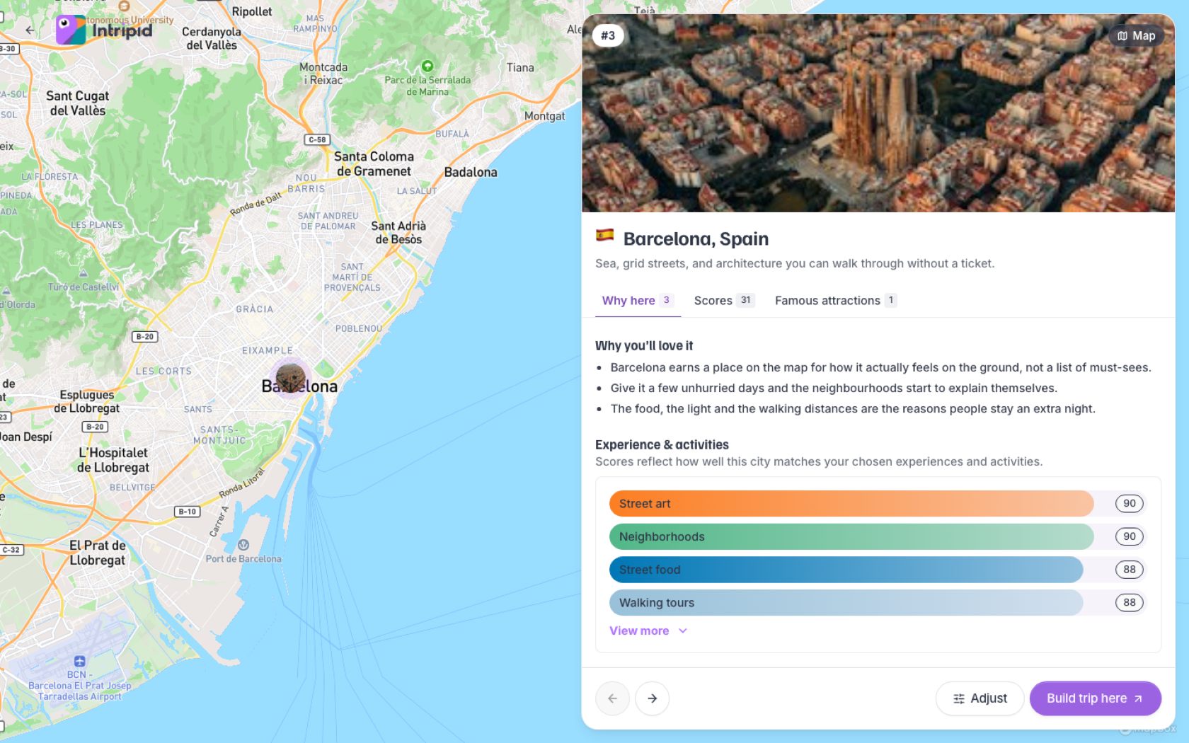 Destination brief for Barcelona: Why here, matching experiences, and inspectable fit — one of three recommendations, not a measured outcome.