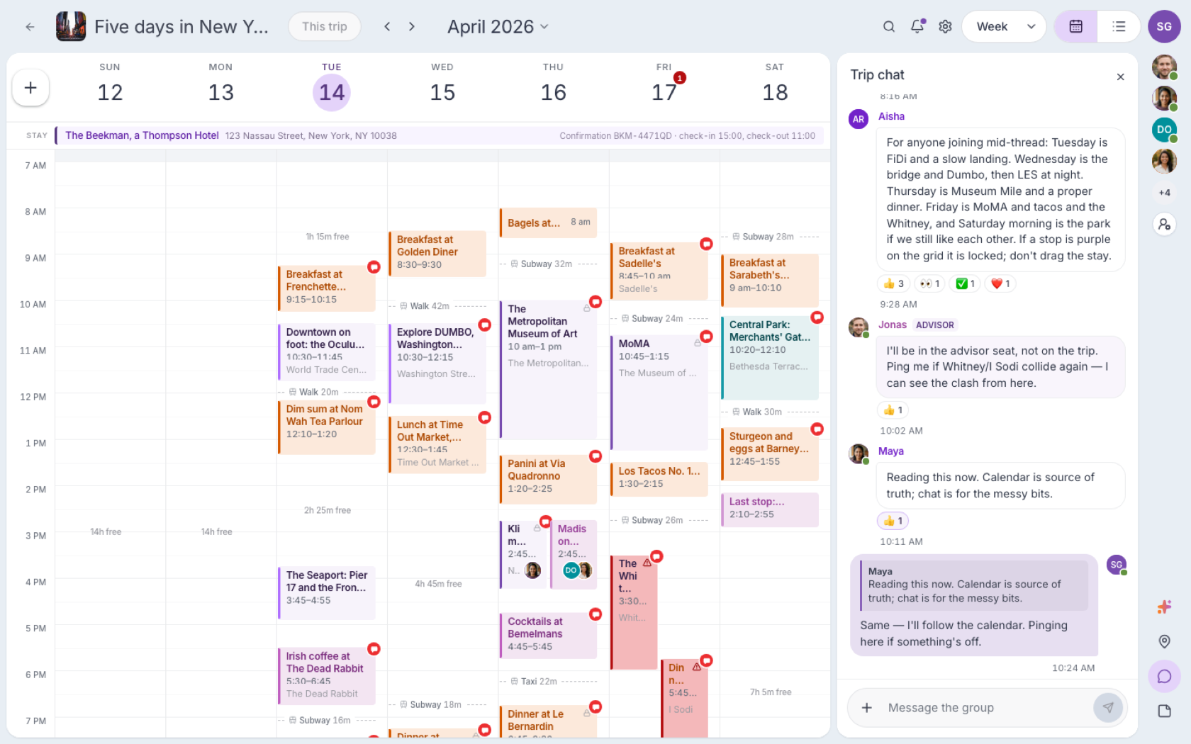 Trip chat beside the shared itinerary.