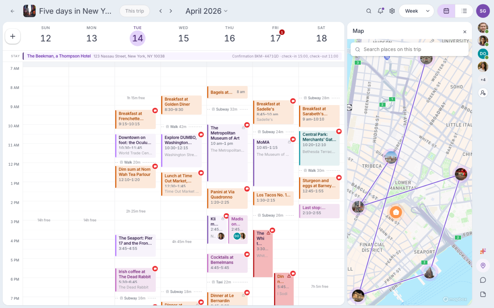 Planner conflict: The Whitney and dinner at I Sodi overlap on Friday, with conflict badges on both cards.