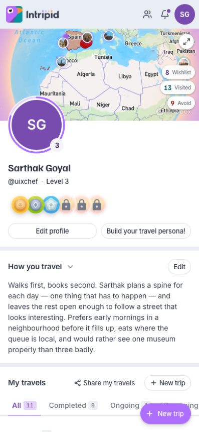 Signed-in Intripid home: profile, travel map, My travels, and a way to start the next trip.