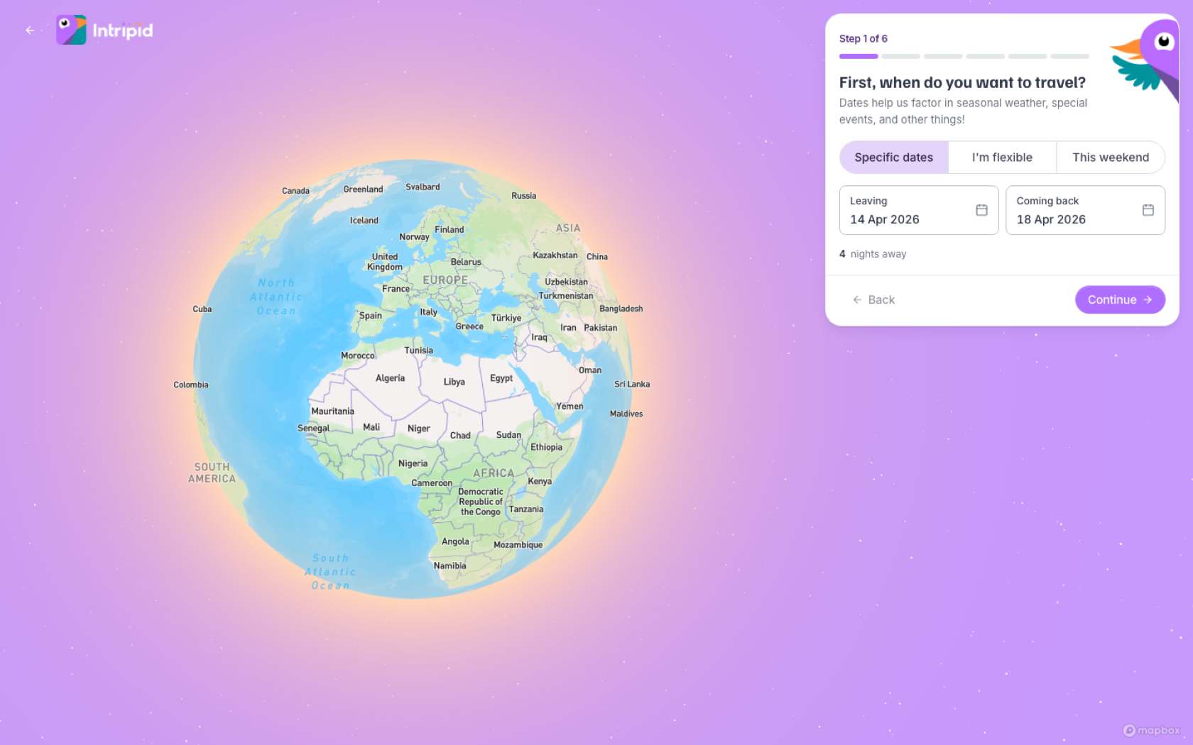 Intripid Destination Discovery, step 1 of 6: a lavender globe with the question “First, when do you want to travel?”