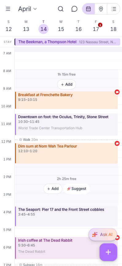 Mobile trip builder: Tuesday’s timed activities, gaps, and a way to add or ask — without a week-wide grid.