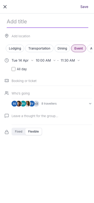 Mobile activity editor: time, place, who is going, booking, fixed or flexible — a full-page change, not a scaled week grid.