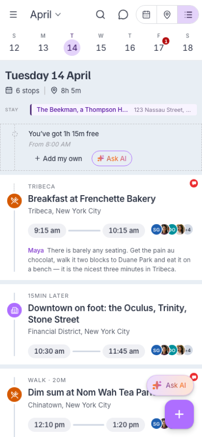 Itinerary: the same trip as a sequence of stops — Tuesday’s places, times, and movement between them.