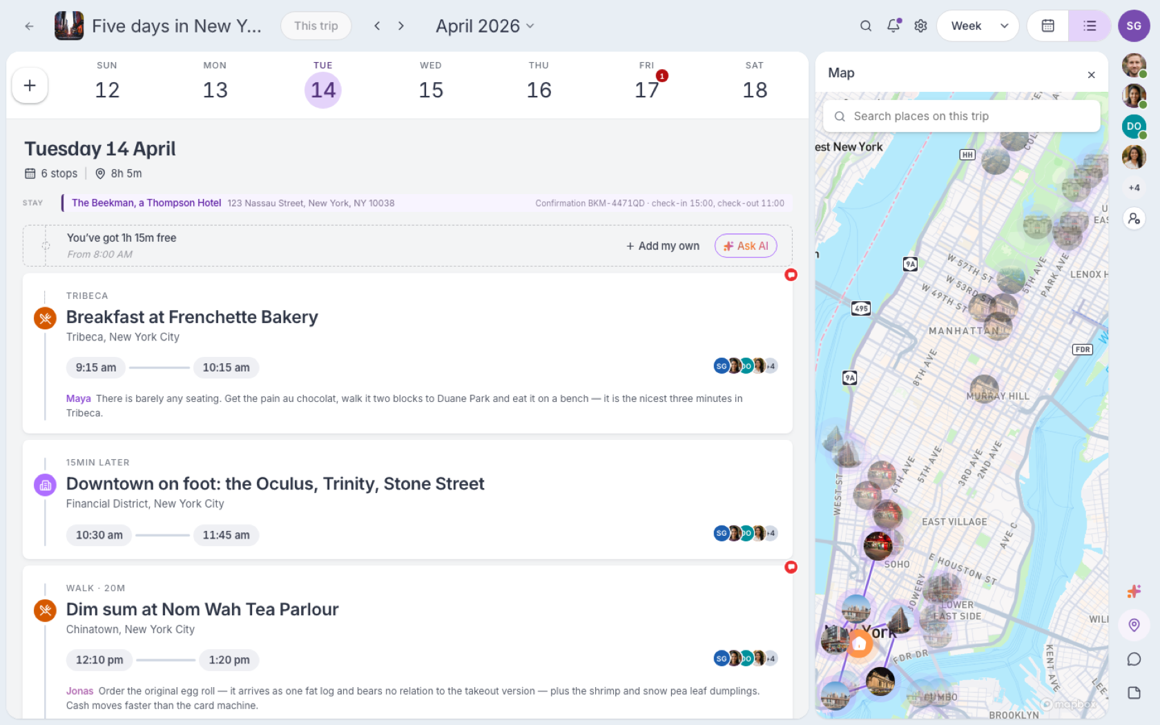 Itinerary: the same trip as a sequence of stops — Tuesday’s places, times, and movement between them.