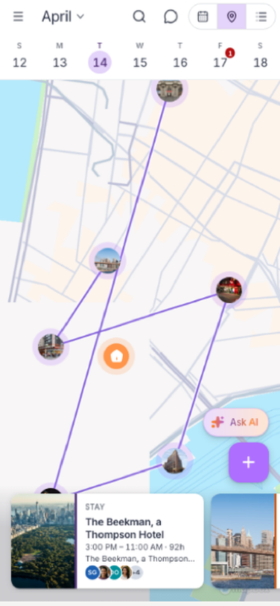 Mobile trip builder: the same day as geography, with the route and the stay card in reach.
