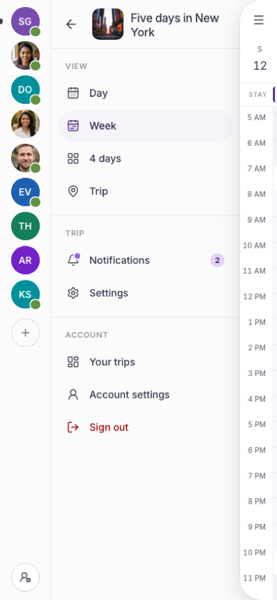 Mobile trip builder with the side navigation open: view, trip, account, travellers, and the day still visible behind it.