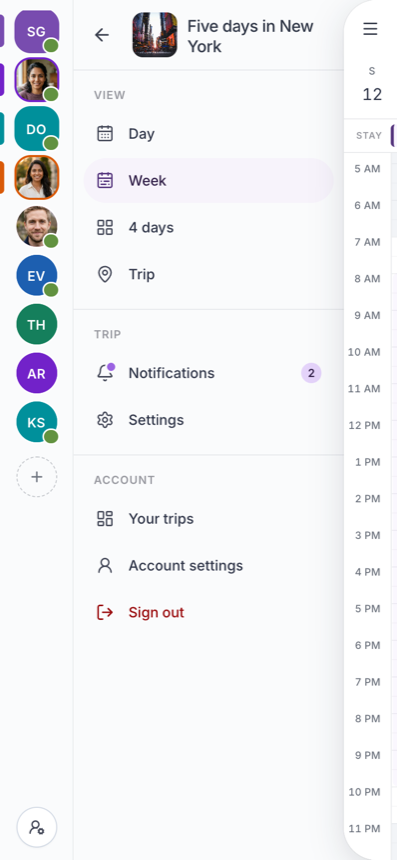 Mobile Intripid navigation open on Five days in New York: Sarthak, Maya, Danny and Priya are selected as rounded-square avatars on the traveller rail; Jonas, Elena, Tom, Aisha and Kenji stay circular; Day/Week/4 days/Trip and the Tuesday schedule remain visible beside the menu.