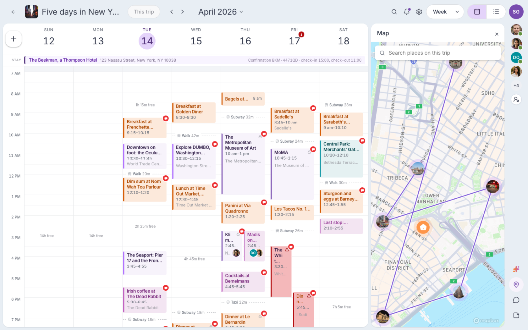 Trip planner: a calendar of timed activities beside a map of the same day.