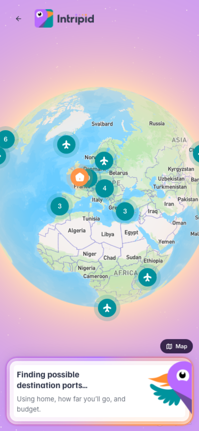 Discovery processing: the product narrates finding destination ports from home, how far you will go, and budget.