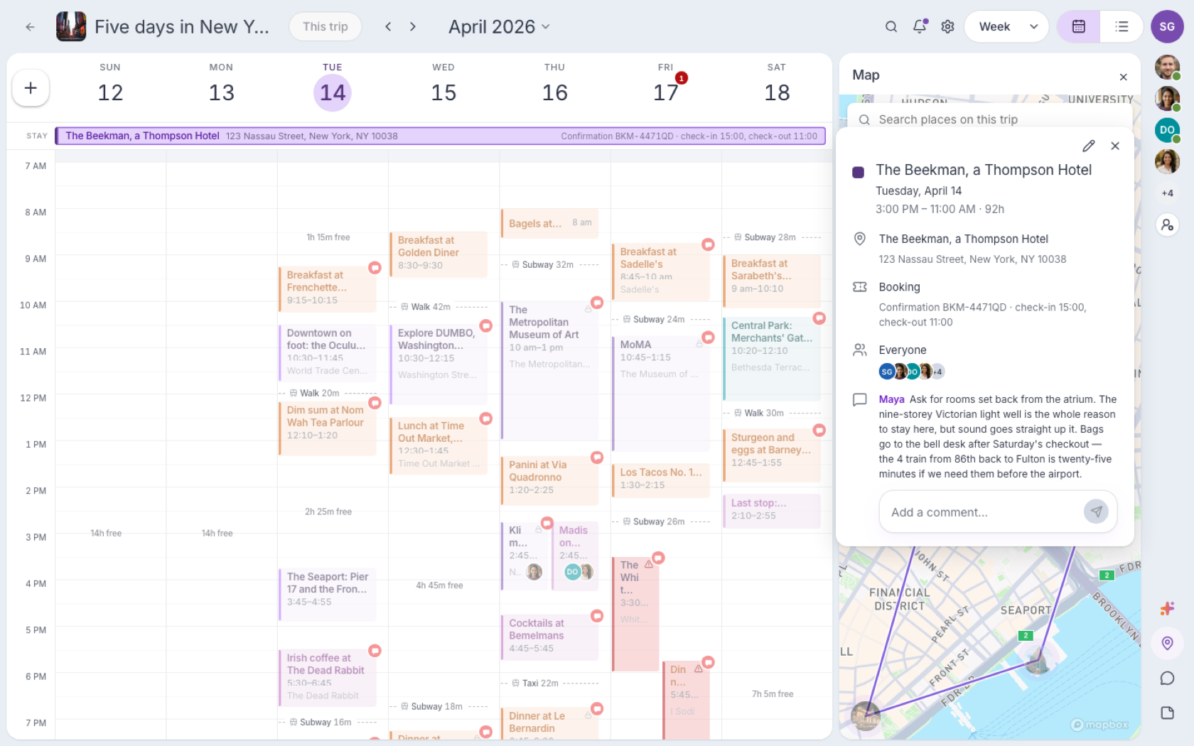 The Beekman stay is selected: the week calendar stays in view while the map shows that place in the trip.