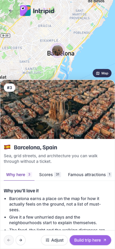 One of three sequenced recommendations (#3 Barcelona), with previous/next through the set — not a simultaneous three-card list.