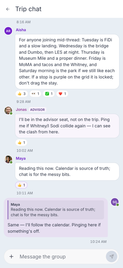 Mobile Intripid Trip chat: the group thread for the New York trip, with messages from Aisha, Jonas, Maya and Sarthak, and a composer to message the group.