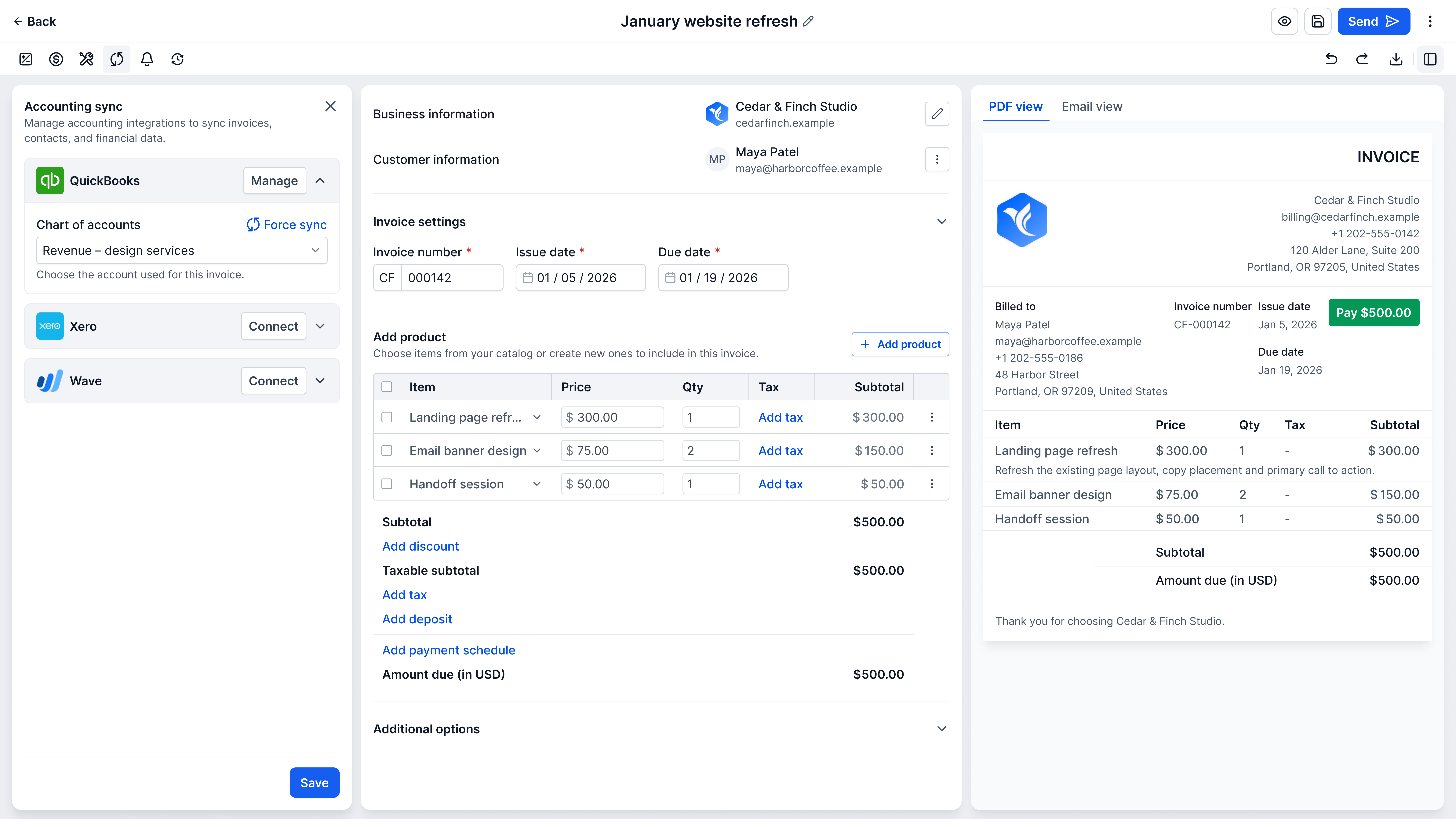 The same panel with QuickBooks connected and a Manage button, a chart of accounts set to Revenue – design services with a Force sync link and the note “Choose the account used for this invoice.”, and Xero and Wave still unconnected. The invoice still shows $500.00 due.