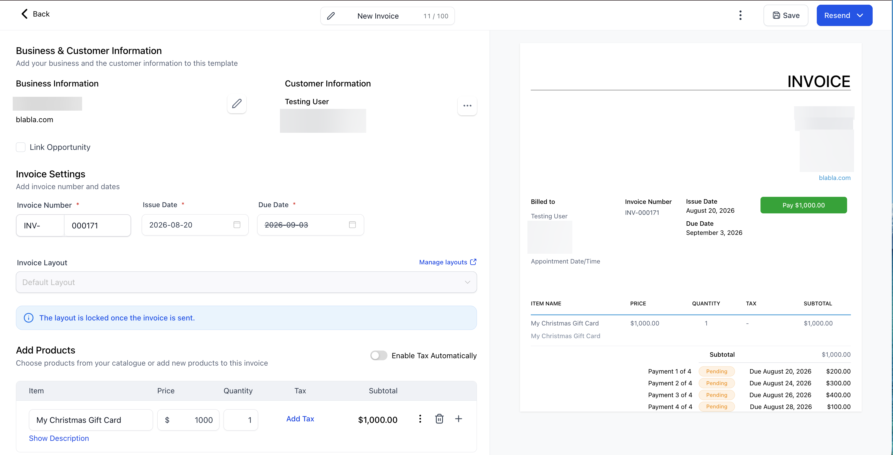 The earlier invoice editor on a sent invoice, INV-000171: business and customer information, invoice settings with the number and the issue and due dates (the due date struck through), an invoice layout selector set to the default layout with a Manage layouts link and a notice that the layout is locked once the invoice is sent, and one product, a $1,000.00 gift card. Beside it, an invoice preview lists four pending scheduled payments. Save and resend buttons are at the top right.