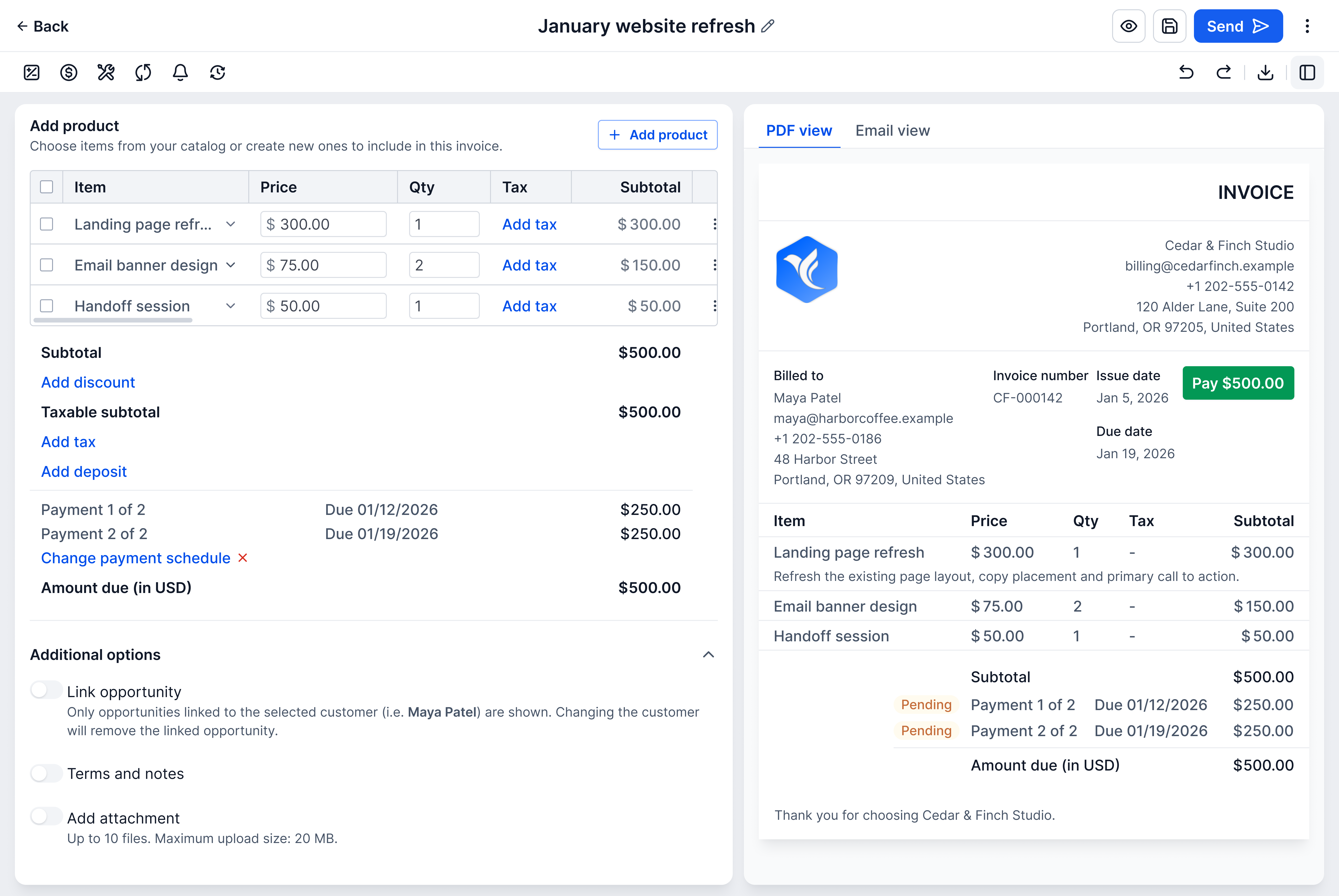 The invoice editor scrolled to its products and totals — $500.00, with two scheduled payments of $250.00 due Jan 12 and Jan 19, 2026 — above three switched-off options: Link opportunity, Terms and notes, and Add attachment. The preview lists the two payments as pending and $500.00 due.