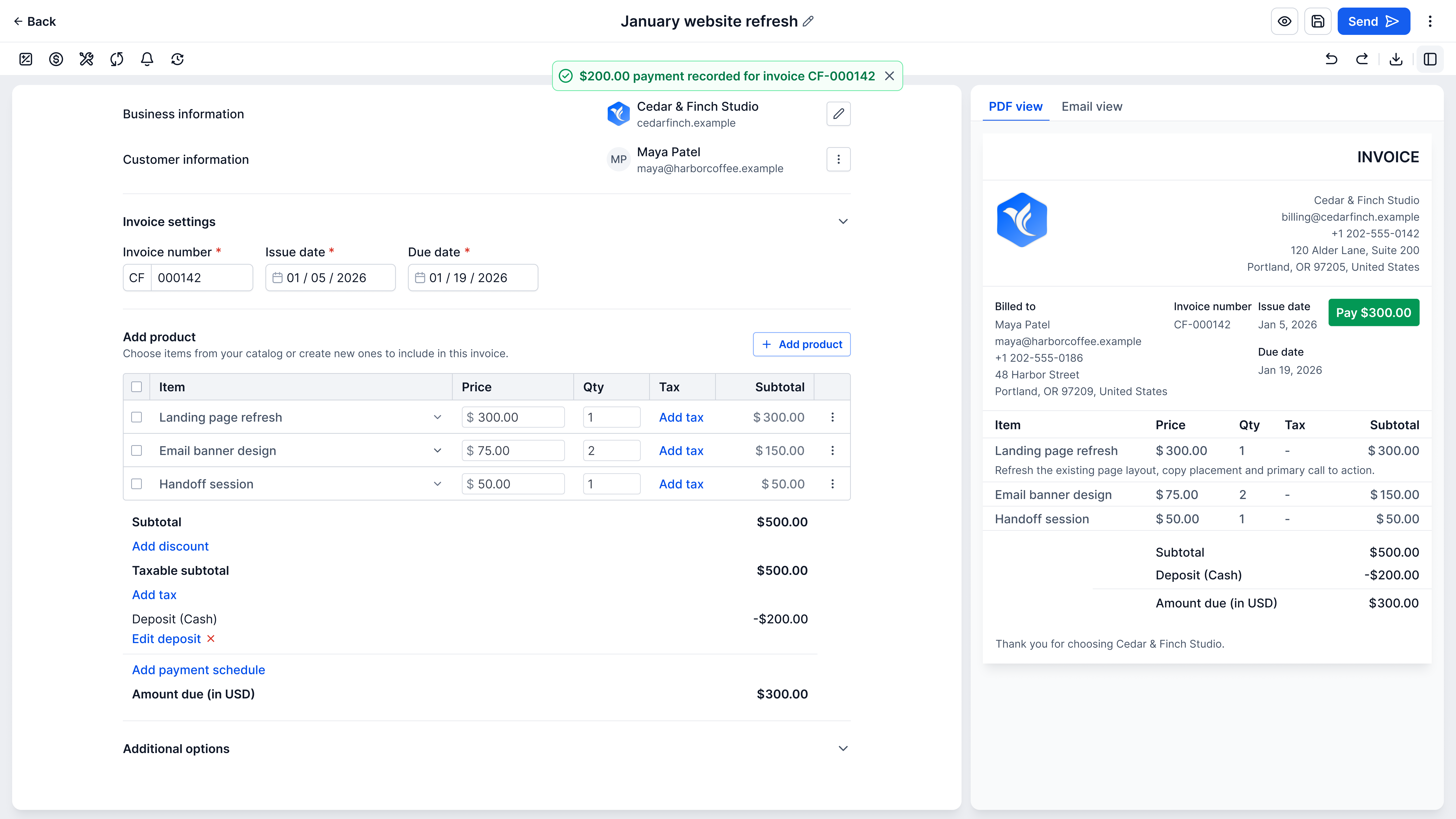 Recreated for this case study: the invoice editor after recording, with a confirmation that a $200.00 payment was recorded for invoice CF-000142. The totals list a Deposit (Cash) of −$200.00 under the $500.00 subtotal and $300.00 due, and the preview shows the same deposit, $300.00 due and a Pay $300.00 button.