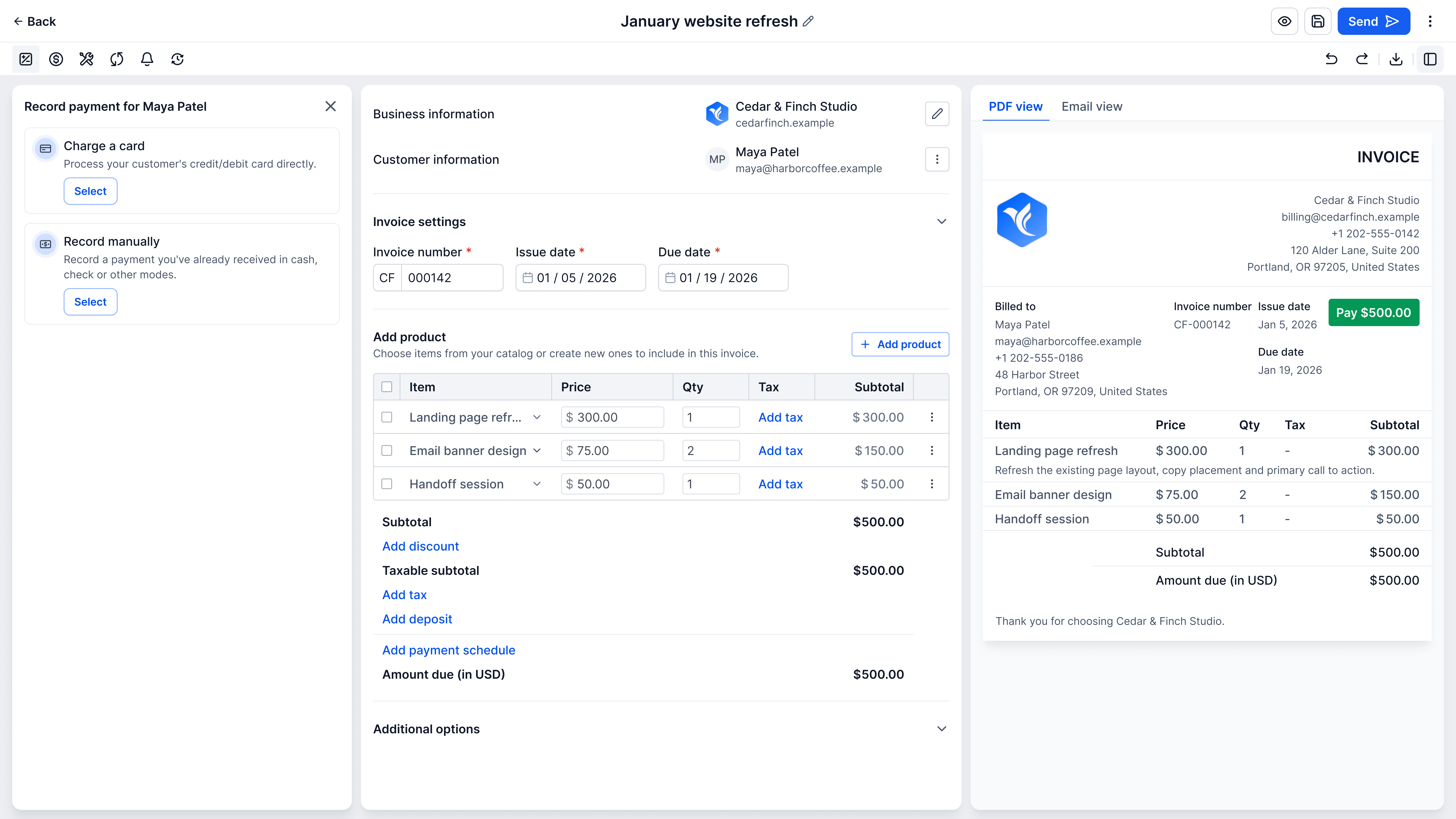 The invoice editor with the Record payment for Maya Patel panel open on the left, offering two choices — Charge a card, to process the customer’s card directly, and Record manually, for a payment already received in cash, check or other modes — each with a Select button.