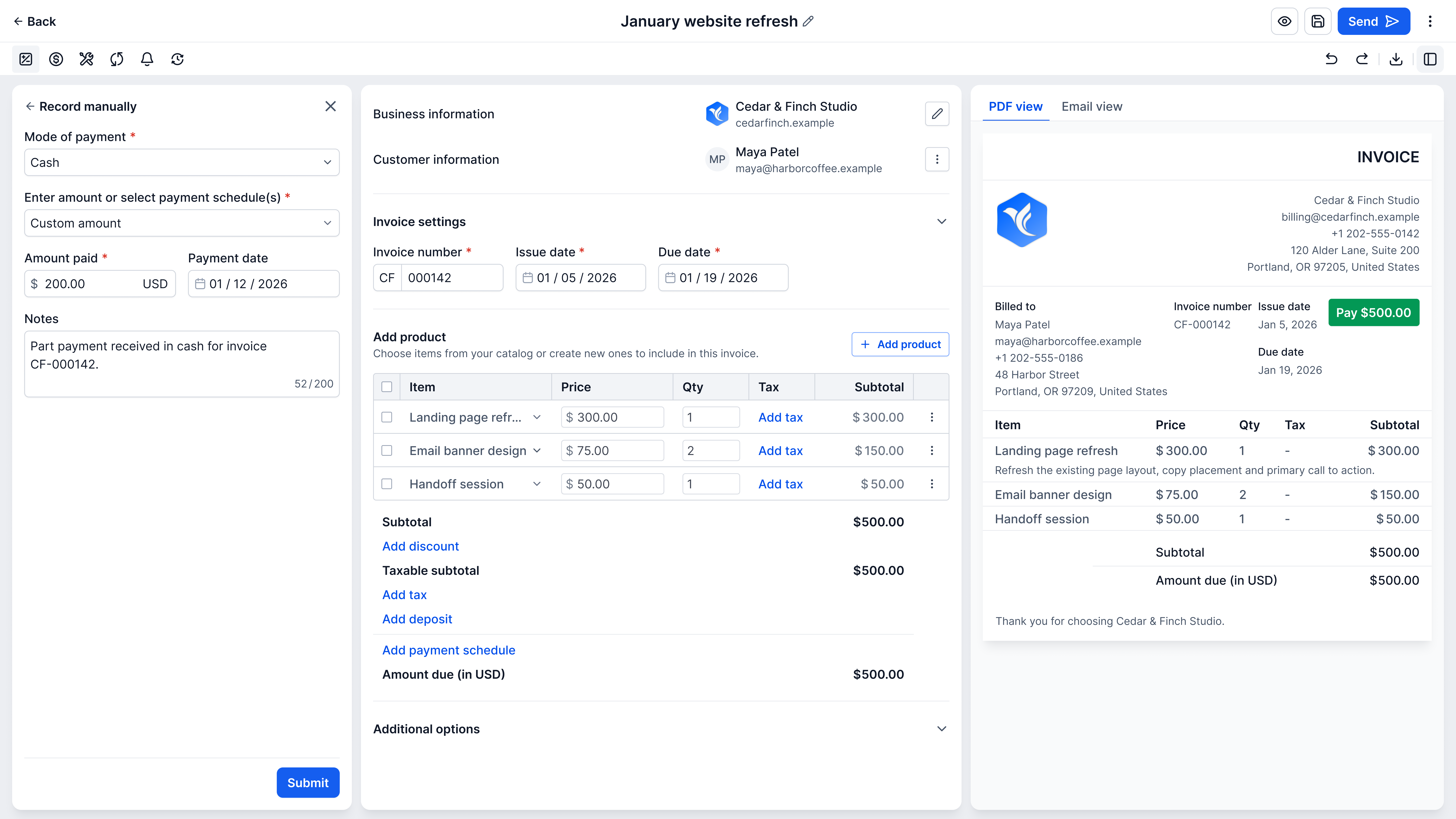 The invoice editor with the Record manually panel open on the left, before submission: cash as the mode of payment, a custom amount of $200.00 USD, a payment date of Jan 12, 2026, the note “Part payment received in cash for invoice CF-000142.” and a Submit button. The invoice still shows $500.00 due.