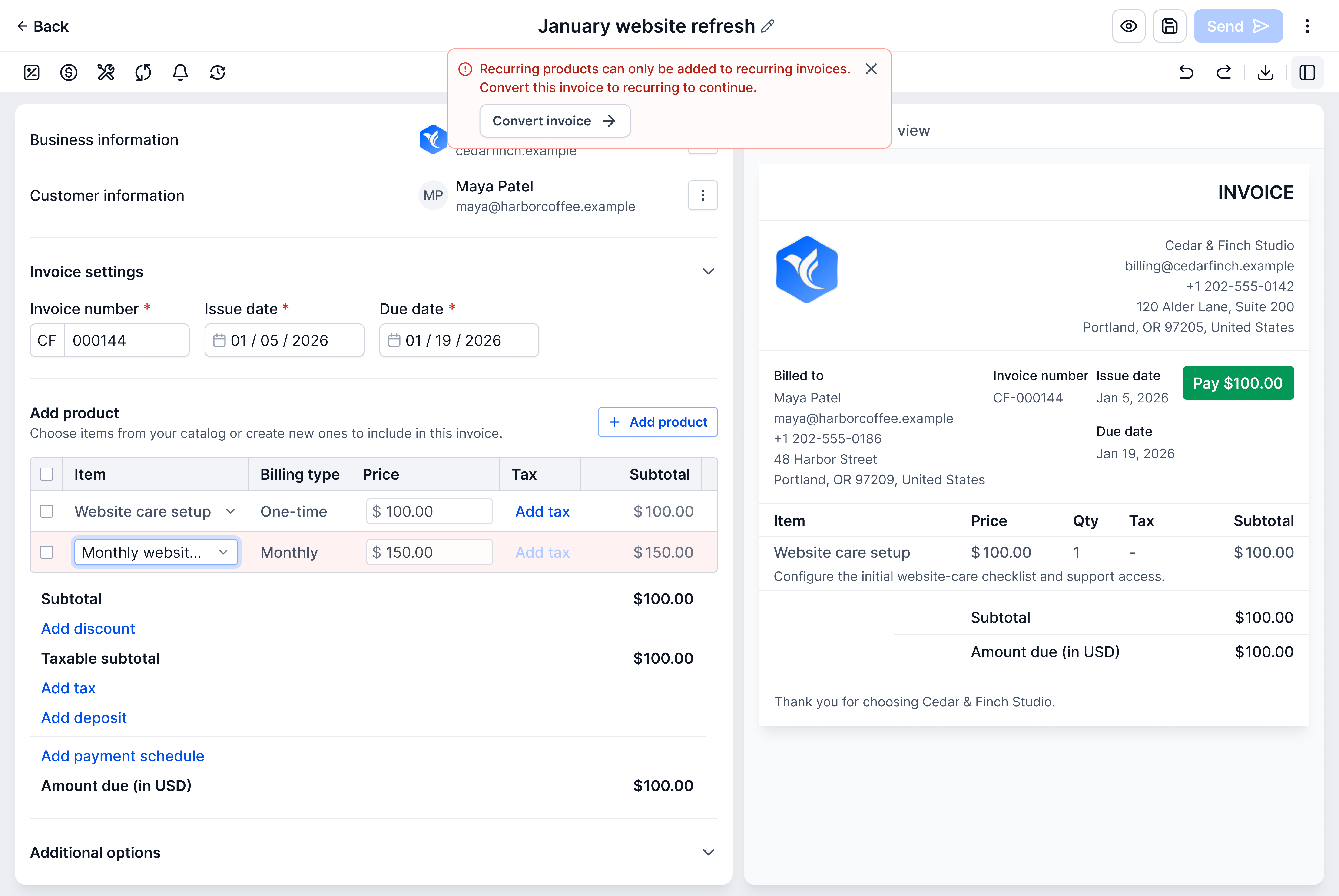 The invoice editor for CF-000144 with an error below the title: “Recurring products can only be added to recurring invoices. Convert this invoice to recurring to continue.”, and a Convert invoice button. Send is disabled. The product table, with a billing-type column, lists a one-time website care setup at $100.00 and a monthly website care line at $150.00, marked in red; the subtotal, the amount due and the preview’s Pay button are $100.00.