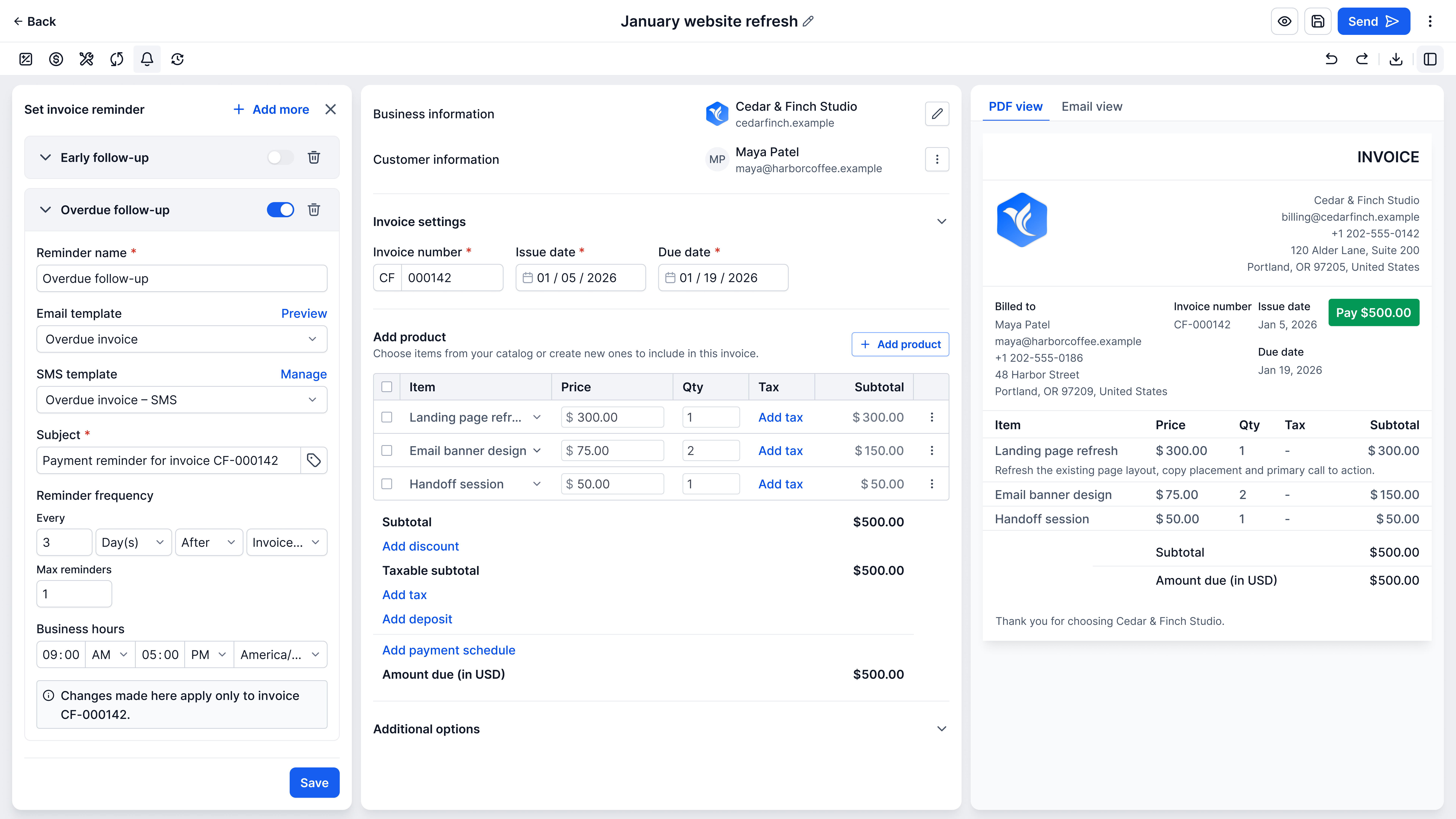 The Set invoice reminder panel with Overdue follow-up expanded: its name, email and SMS templates, the subject “Payment reminder for invoice CF-000142”, a frequency of every 3 days, a maximum of 1 reminder and business hours, above a note: “Changes made here apply only to invoice CF-000142.”