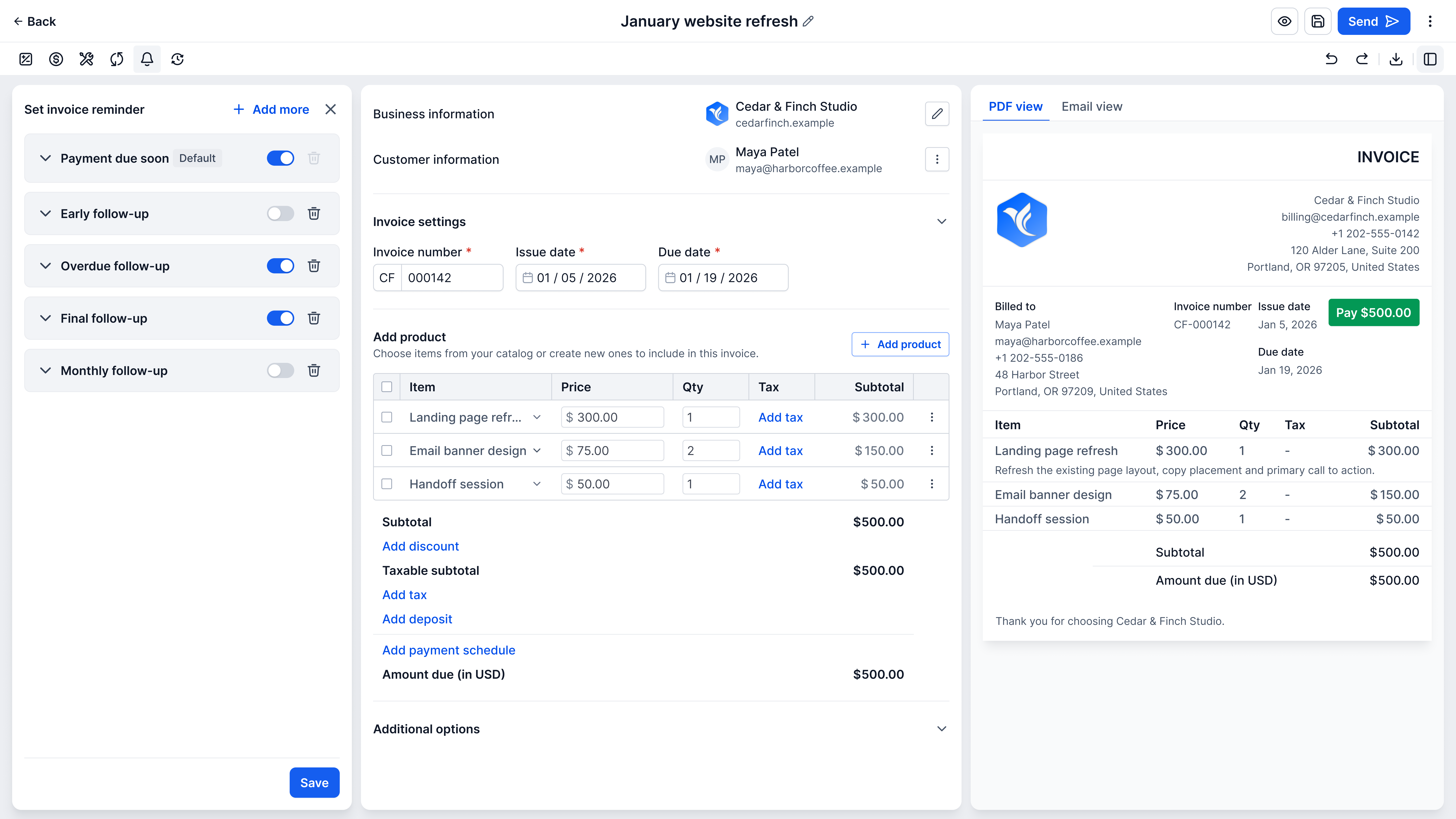 The invoice editor with the Set invoice reminder panel open on the left and the reminder control selected in the toolbar: five reminders — Payment due soon (the default), Early follow-up, Overdue follow-up, Final follow-up and Monthly follow-up — each with an on or off switch and a delete control.