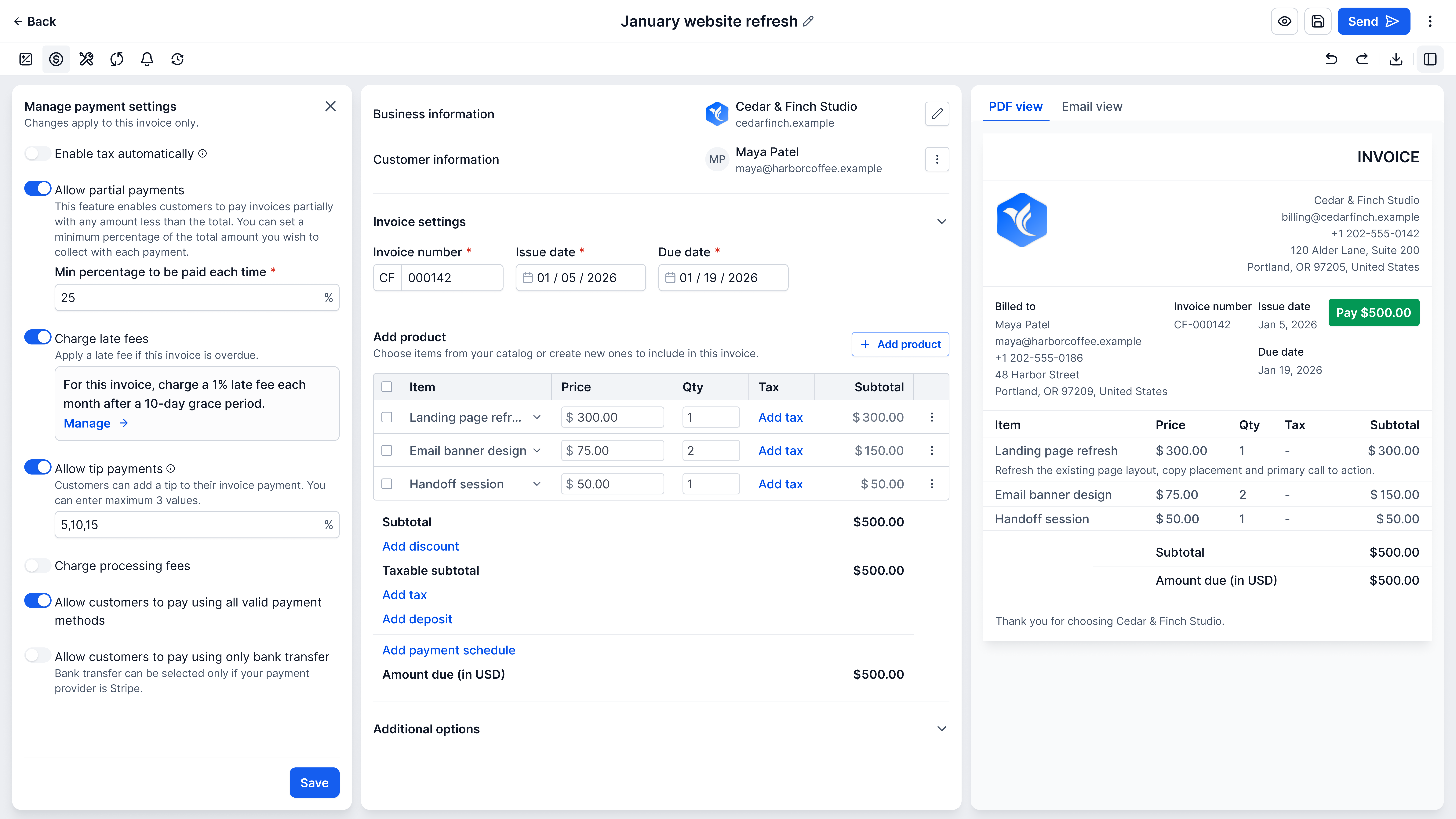 The invoice editor with the Manage payment settings panel open on the left, under the note “Changes apply to this invoice only.”: partial payments on with a 25% minimum, late fees on with the summary “For this invoice, charge a 1% late fee each month after a 10-day grace period.” and a Manage link, tip payments on with 5, 10 and 15%, processing fees off, and all valid payment methods allowed. Beside it, the draft of invoice CF-000142 with its three products, and the invoice preview.