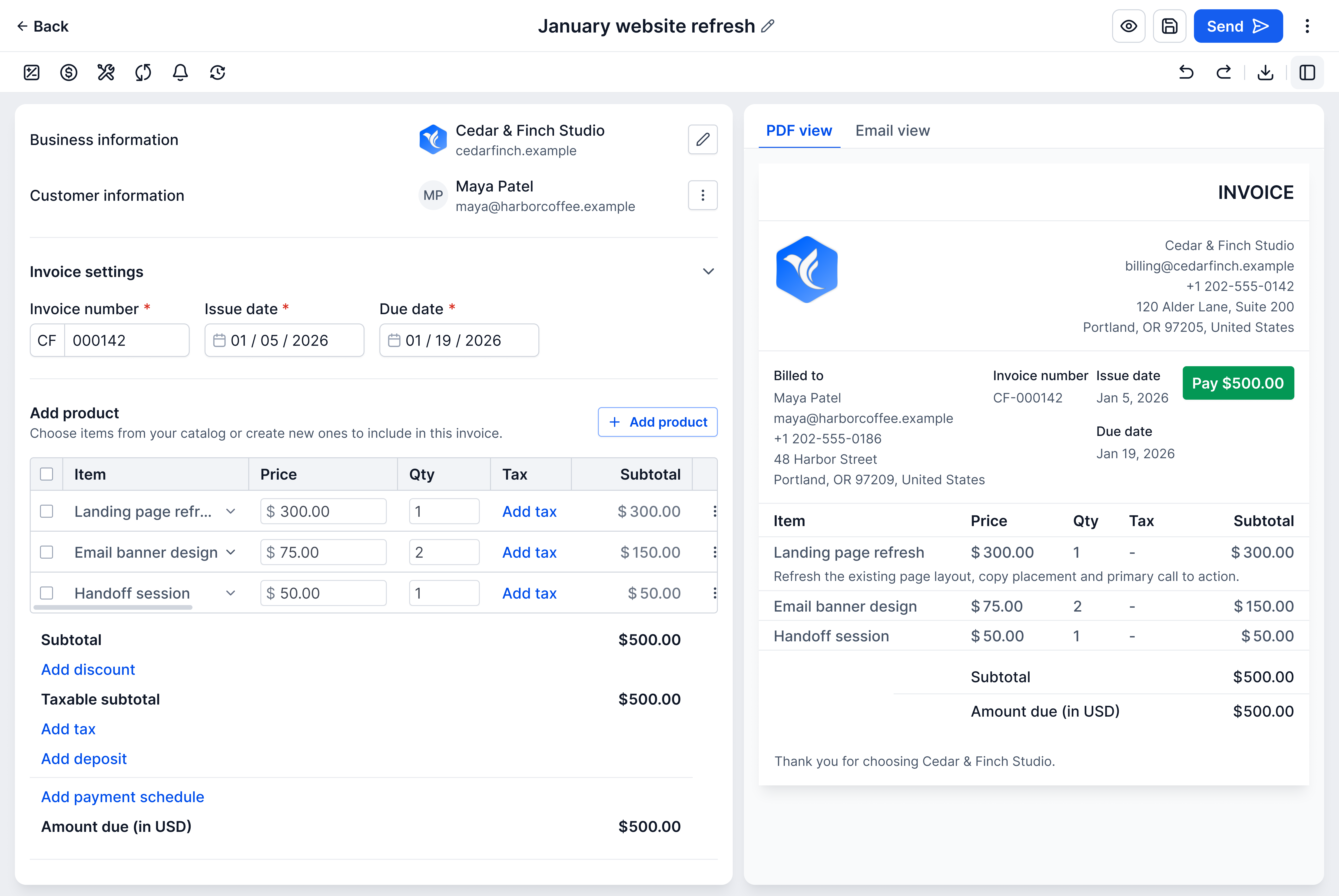 The invoice editor with no panel open: the sample business’s details and the customer, Maya Patel; invoice CF-000142, issued Jan 5 and due Jan 19, 2026; and three products — a landing page refresh at $300.00, two email banner designs at $75.00 and a handoff session at $50.00 — totalling $500.00. Beside it, the invoice preview with the same lines, $500.00 due and a Pay $500.00 button.