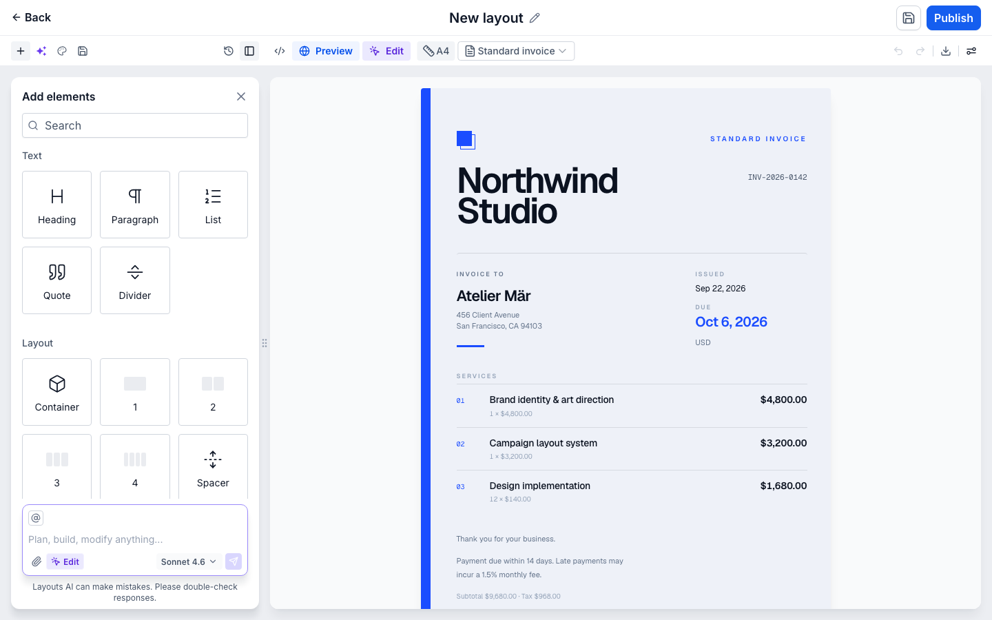 The Add elements palette open in place of the assistant panel, offering Heading, Paragraph, List, Quote and Divider under Text and Container, one to four columns and Spacer under Layout, with the generated Northwind Studio invoice still on the canvas beside it.