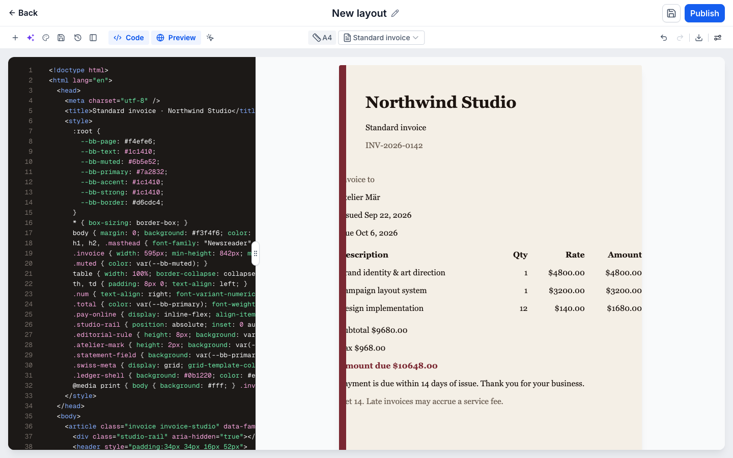 The Code view: the generated HTML on the left, starting at the doctype and the document’s CSS custom properties, and a live preview of the same invoice on the right. The code panel carries no override banner.