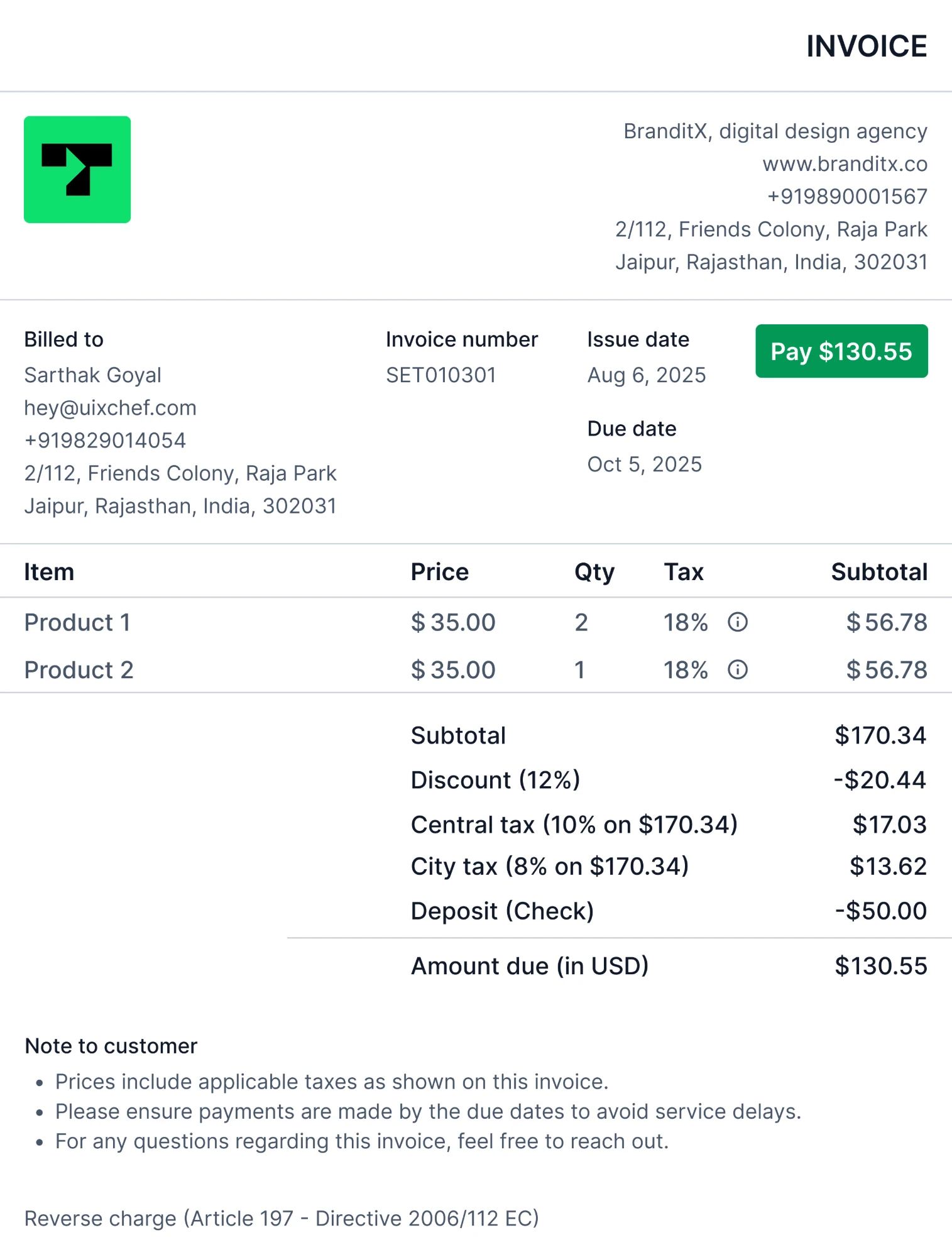 The single default invoice layout available before Layouts AI: a fixed structure of business and client details, an itemised table, tax and totals, and a payment-terms note, with no way to add, resize or reorder its regions.