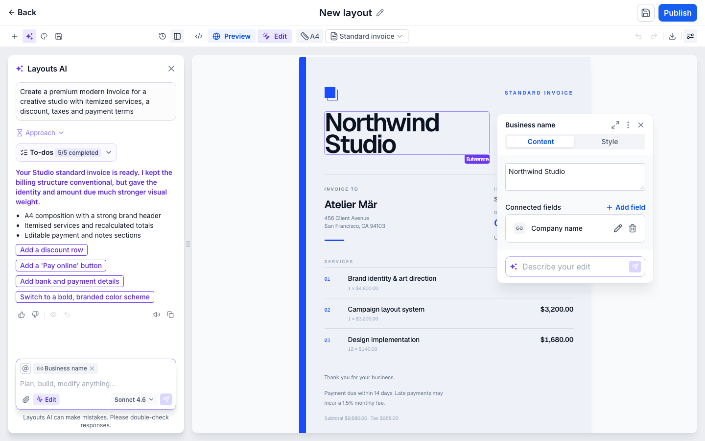 The same invoice with the Business name region selected and outlined on the document. A panel beside it shows Content and Style tabs with Content active, the text value Northwind Studio, a connected Company name field, and a Describe your edit prompt scoped to that one region.