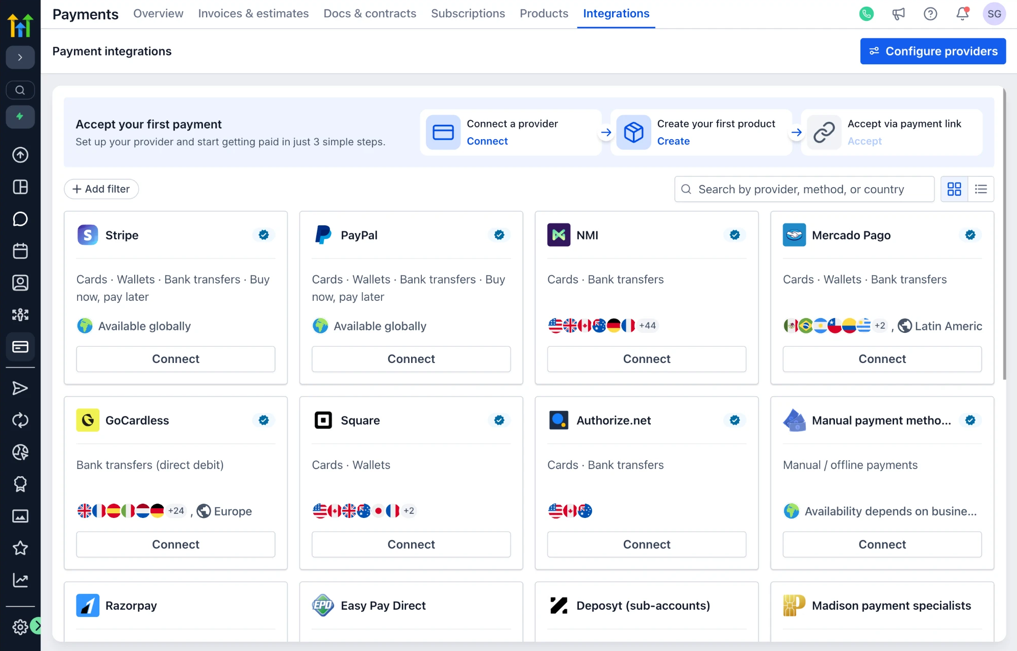 The redesigned payment integrations catalogue, as cards.