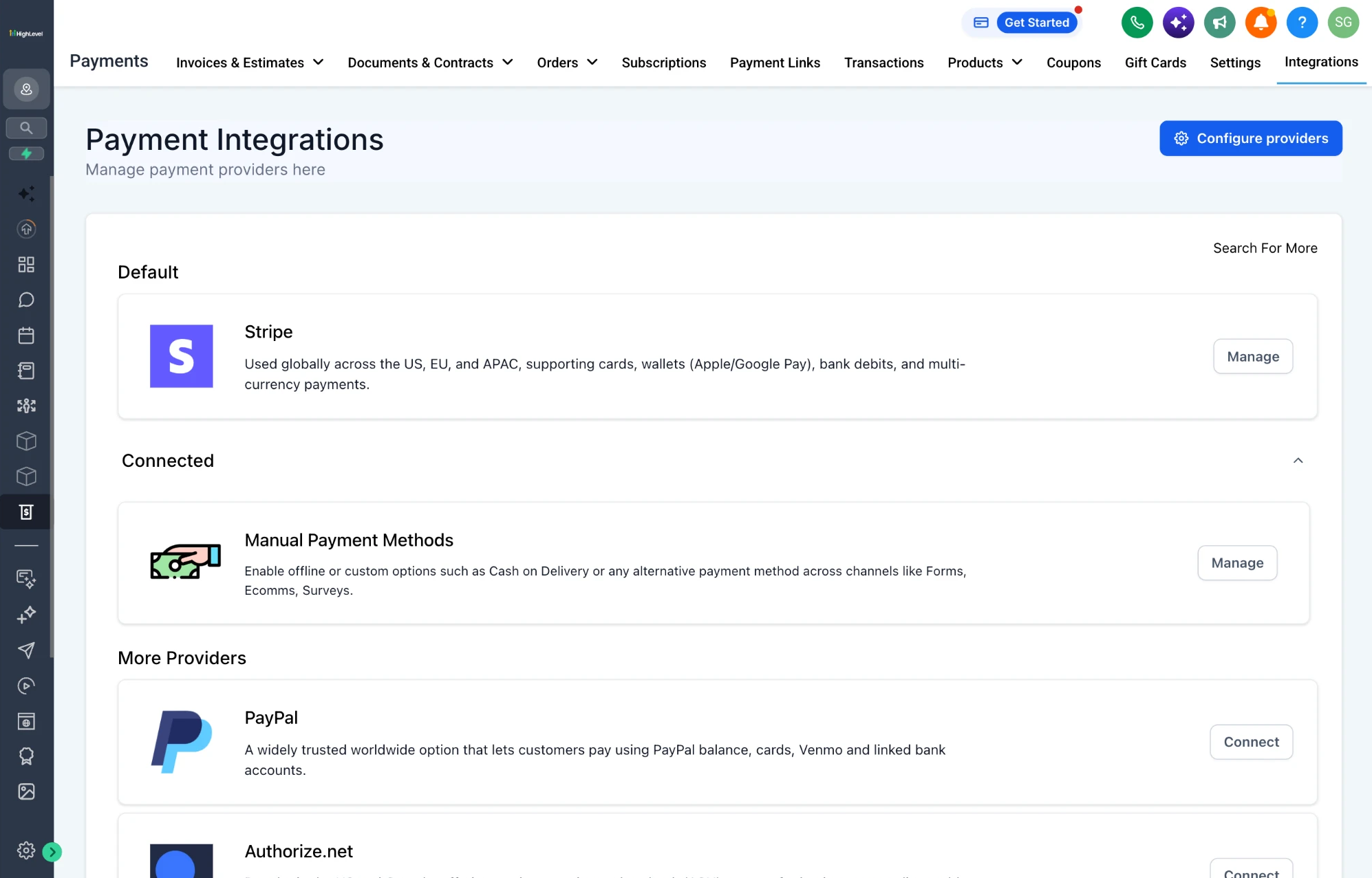 The legacy payment integrations page: a default section holding Stripe, a connected section holding manual payment methods, and a list of more providers starting with PayPal, each provider a logo beside a paragraph and a manage or connect button.