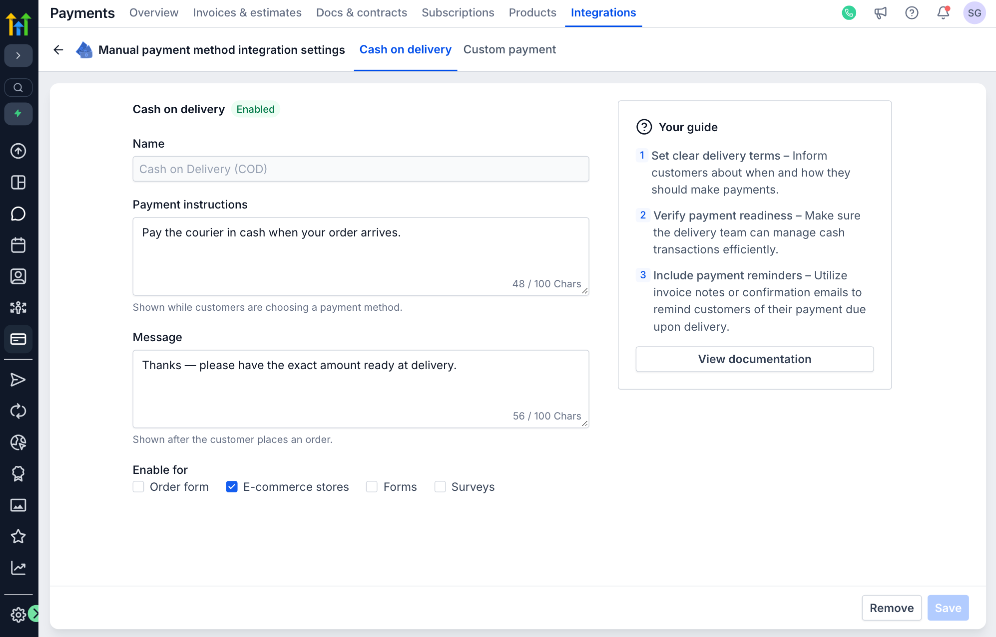 Redesigned manual payment settings on the cash on delivery tab, marked enabled: the name, payment instructions and message filled in, e-commerce stores ticked, a three-step guide beside the form, and remove and save at the foot.