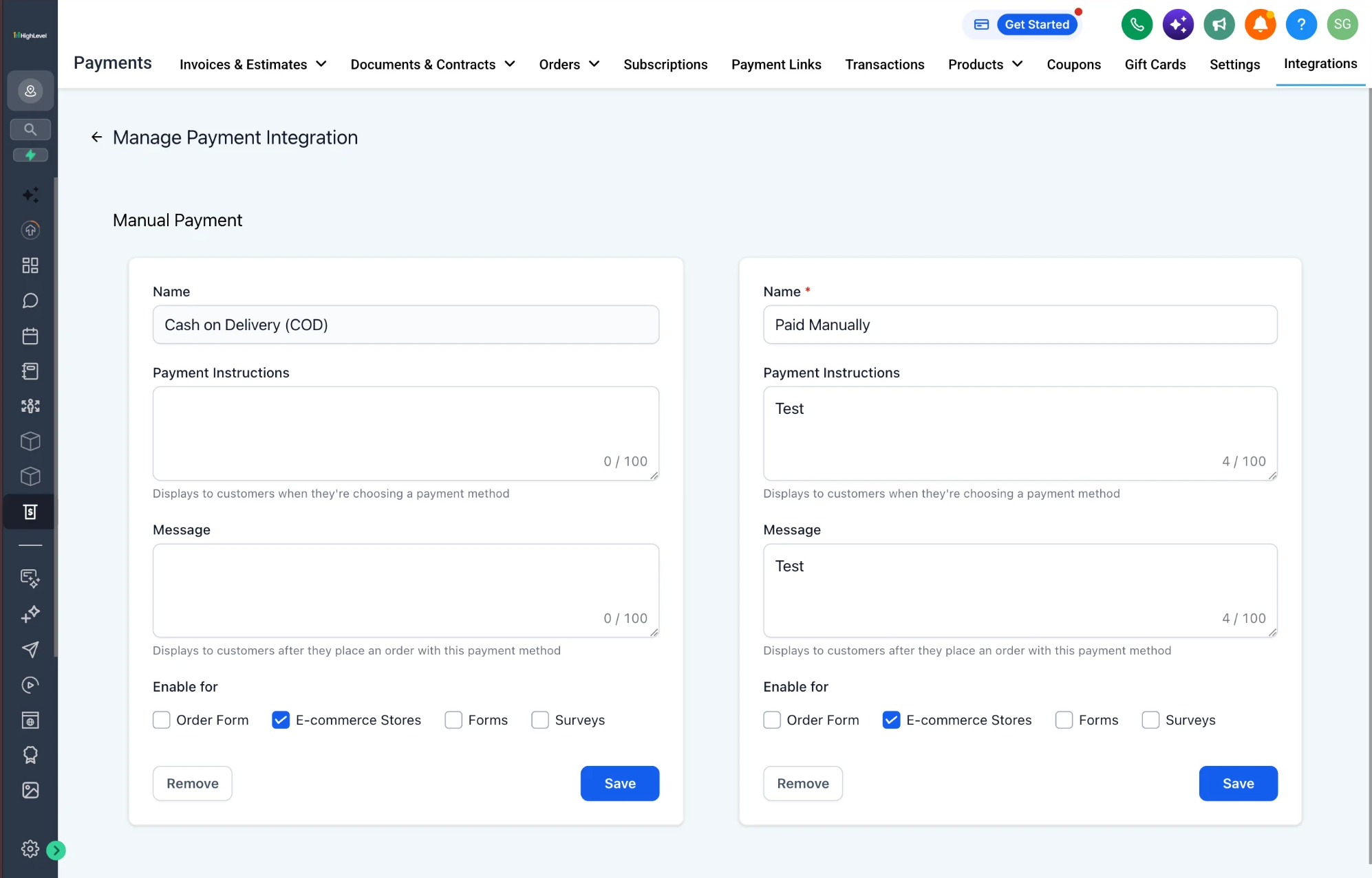 Legacy manual payment settings: two forms side by side, cash on delivery and a second, custom method, each with a name, payment instructions, a message, channel checkboxes with e-commerce stores ticked, and its own remove and save buttons.
