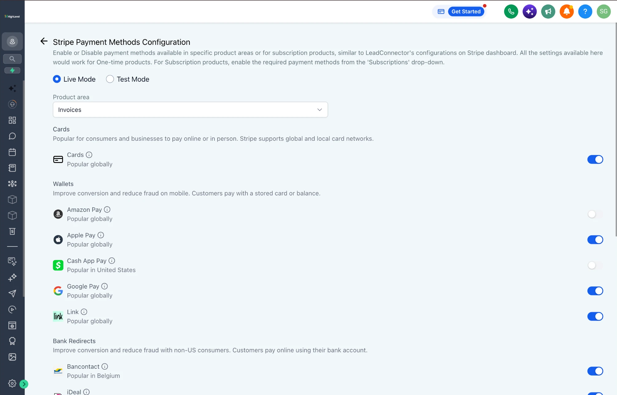 Legacy Stripe payment methods: live and test mode buttons, a product area menu set to invoices, and a long list of methods grouped under headings, each with a note saying where it is popular and a switch.