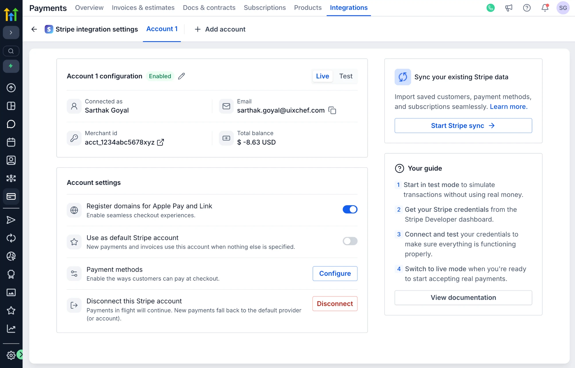 Redesigned Stripe settings for the first account, marked enabled with live selected: the name it is connected as, its email, merchant id and balance; settings to register Apple Pay domains, use the account as the default, configure payment methods or disconnect; a card offering to sync existing Stripe data, and a four-step guide.
