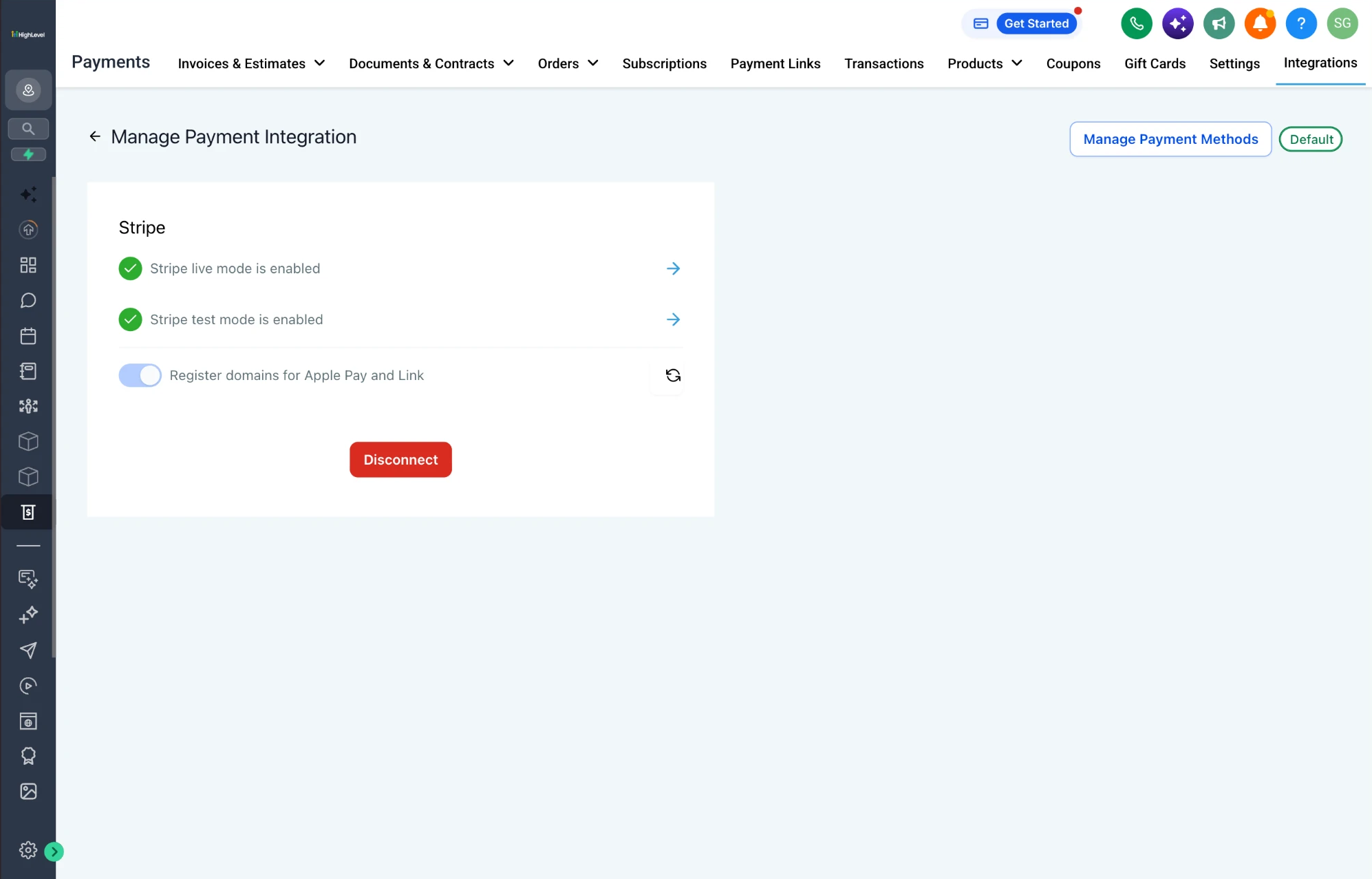 Legacy Stripe settings: live mode and test mode each shown as enabled, a switch to register domains for Apple Pay, a red disconnect button, and controls to manage payment methods and to mark the default at the top right.