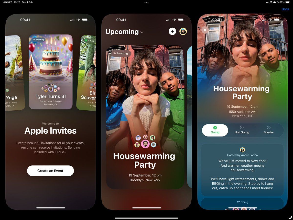 Apple Invites app screens for an upcoming event.