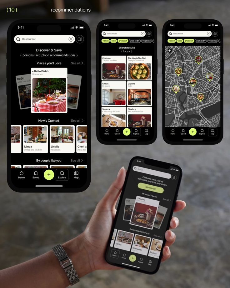 Mobile app screens for personalized place recommendations.