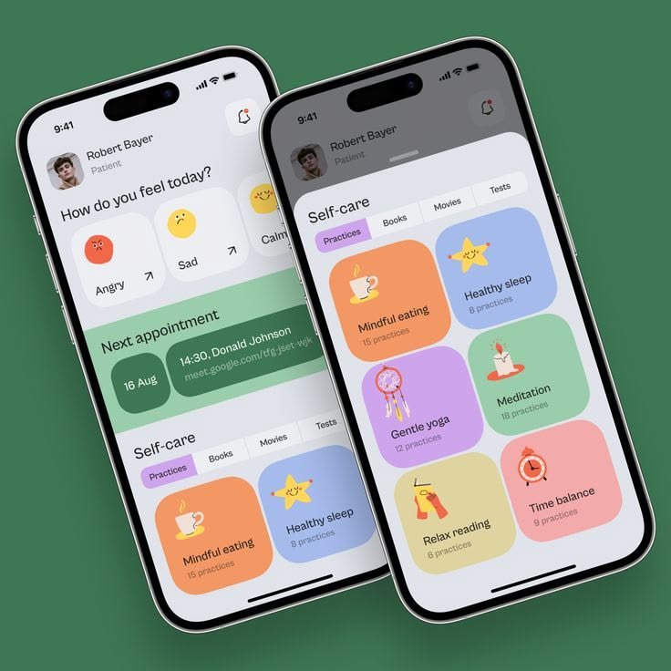 Mobile app screens for a self-care and wellness product.