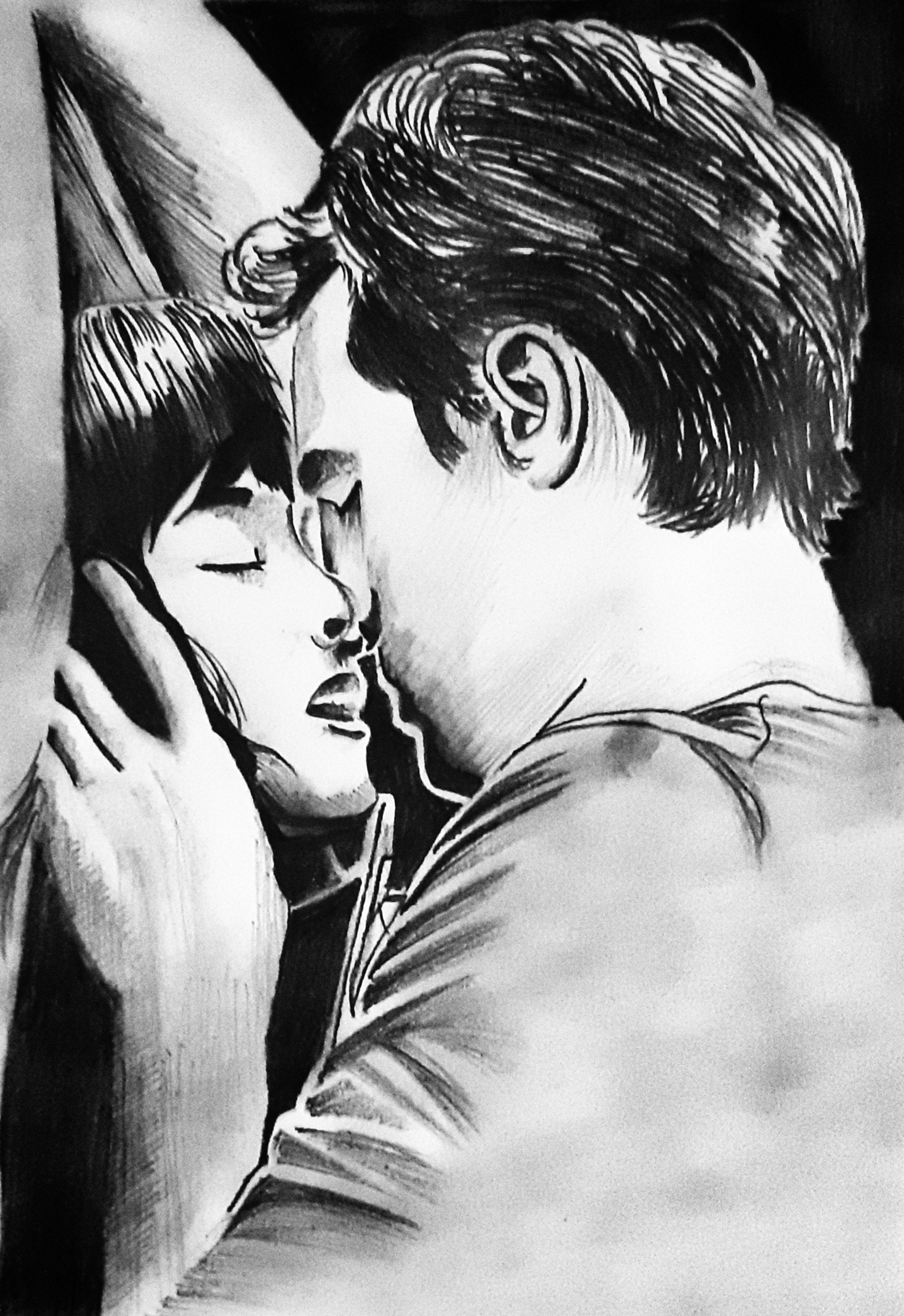 An ink illustration of a couple embracing.