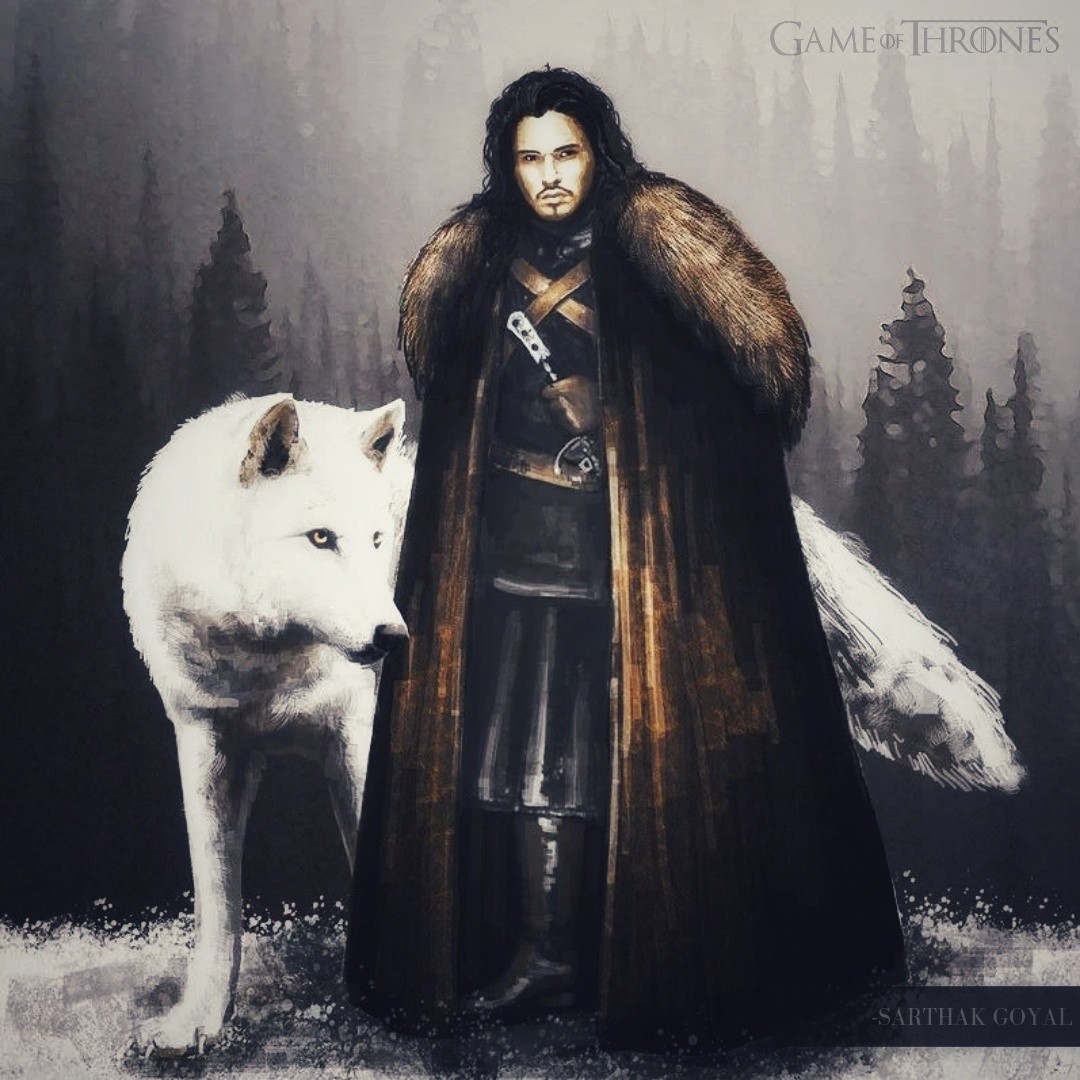 A digital painting of a man and a wolf, presented as fan art for a television series (the show’s own logo appears in the image), signed by Sarthak.