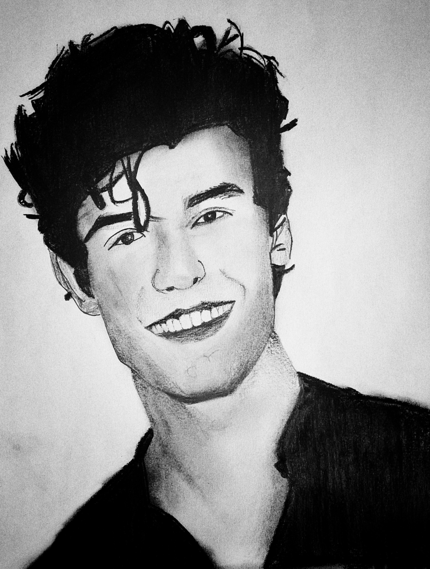 A pencil portrait sketch of a smiling man.