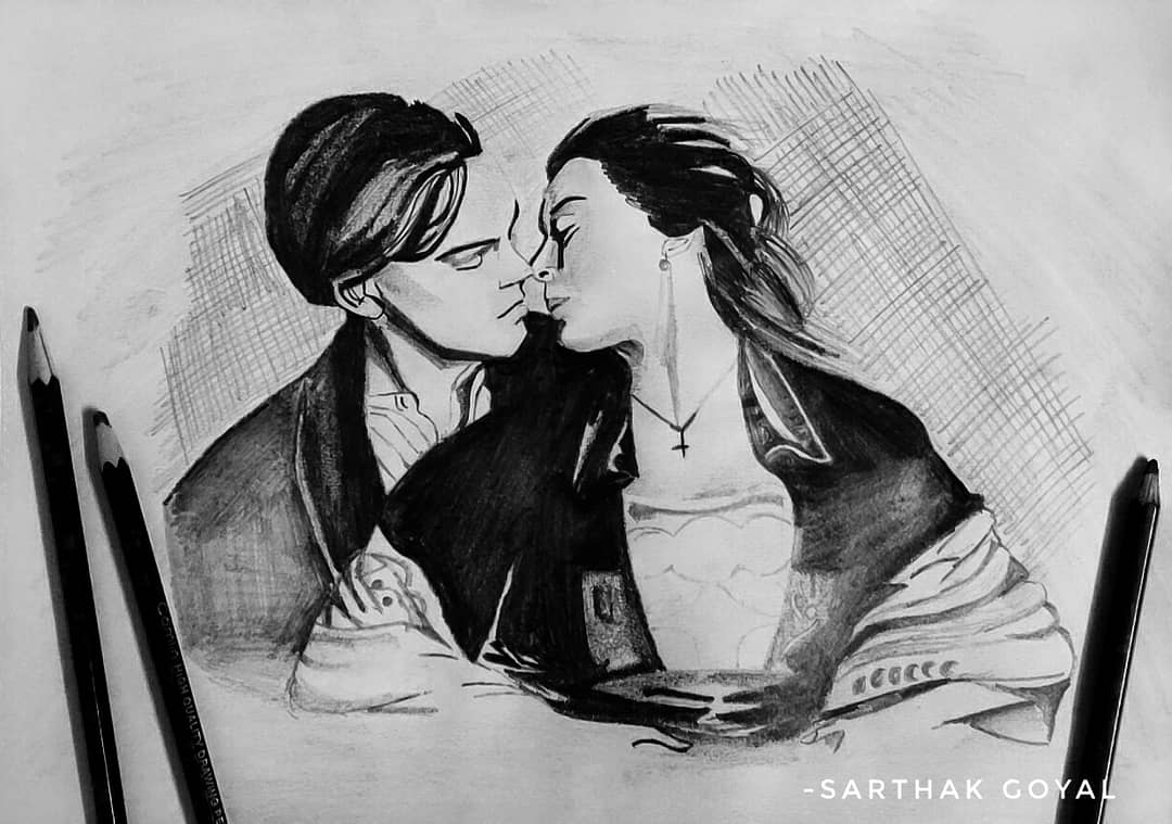 A pencil illustration of a couple, presented as fan art for a film, signed by Sarthak.