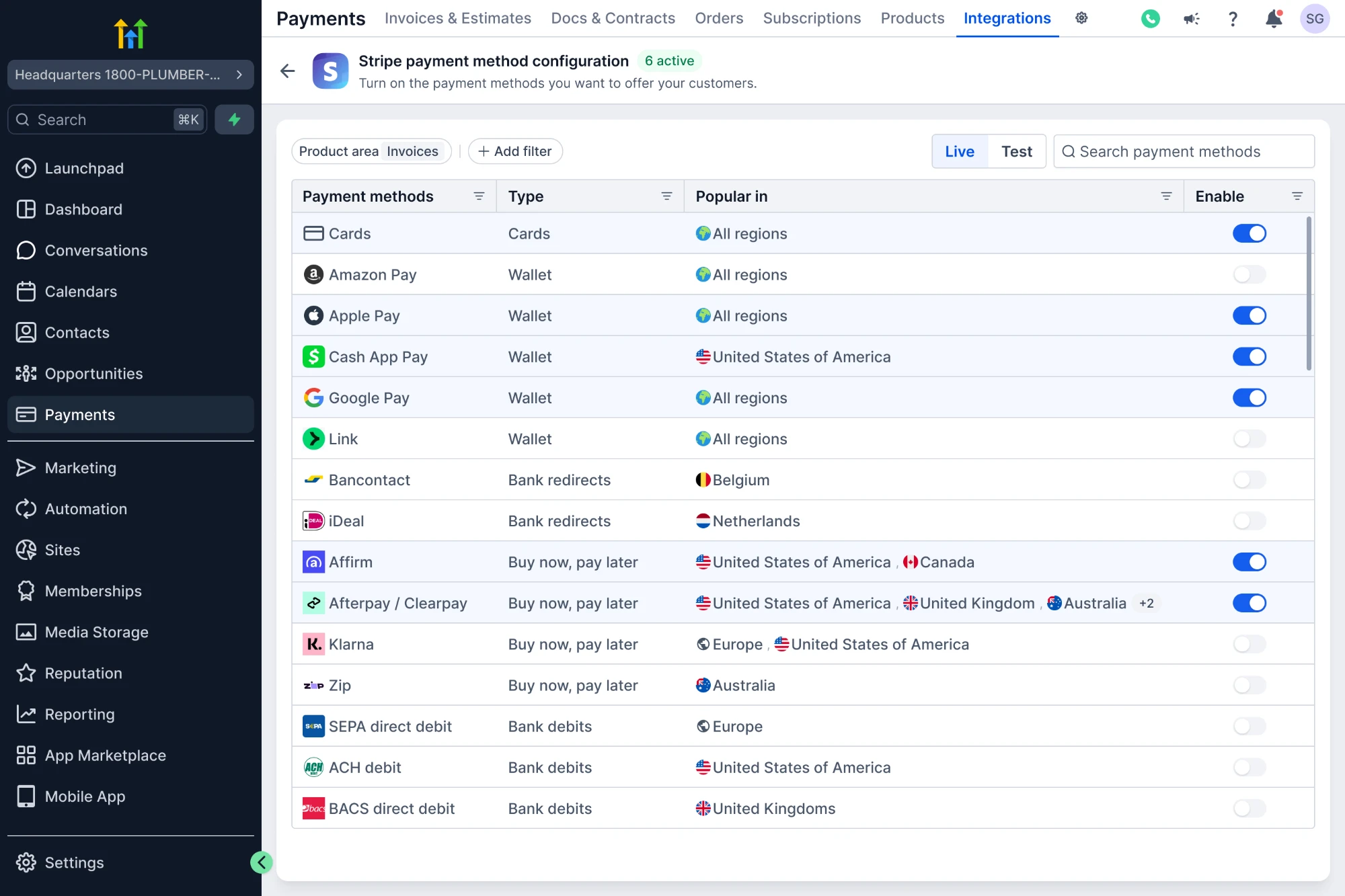 Stripe payment methods